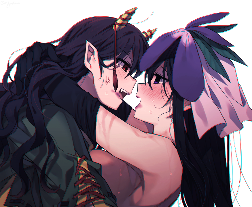 2girls anger_vein black_hair blush breasts flower flower_on_head green_shirt horns large_breasts long_hair multiple_girls nippaku_zanmu open_mouth pointy_ears purple_eyes purple_flower re_ghotion red_eyes shirt simple_background sweat touhou white_background yellow_horns yomotsu_hisami yuri