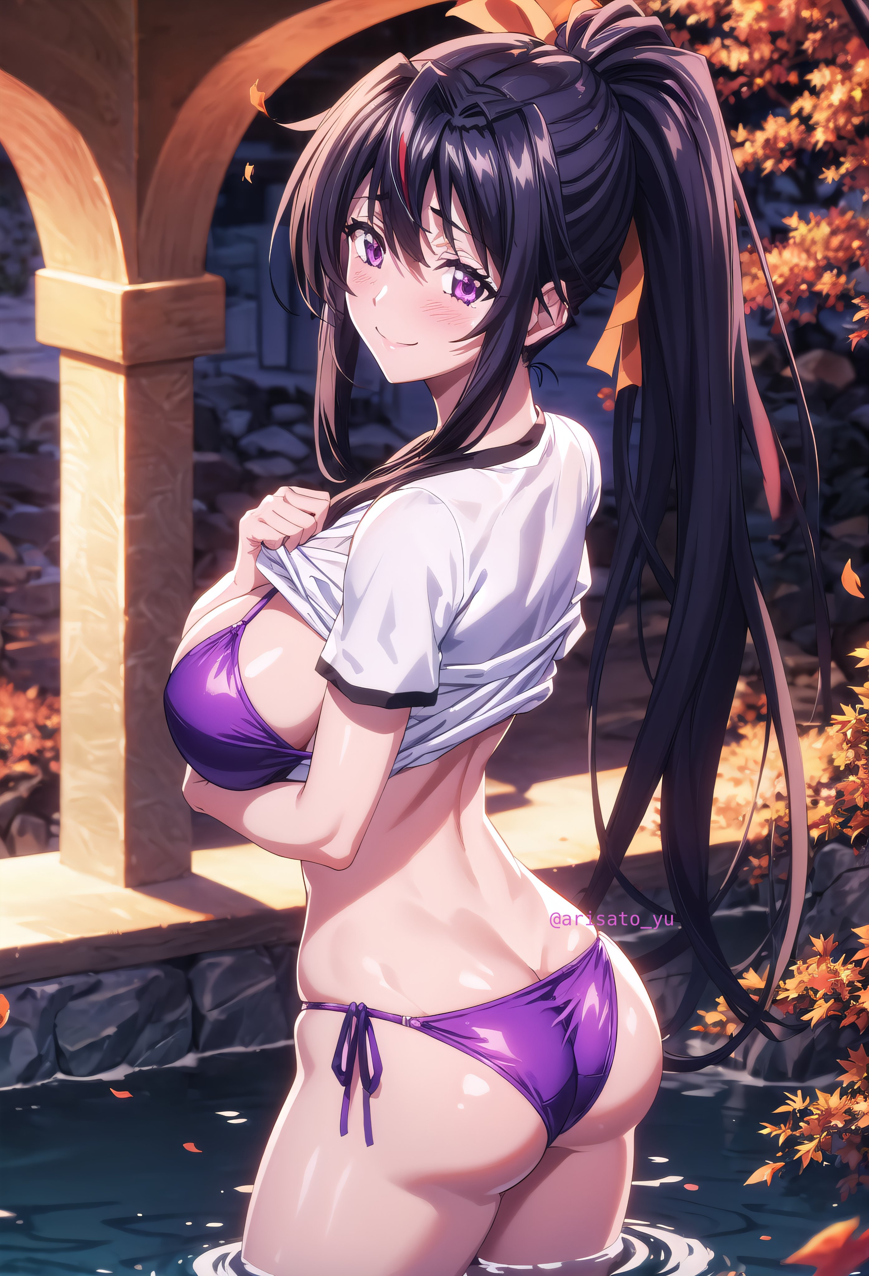 1girls, ai generated, akeno himejima, arisato yu, ass, bikini, blush, breasts, female, hair ribbon, high school dxd, in water, large breasts, long hair, looking at viewer, orange ribbon, purple bikini, purple eyes, purple hair, purple swimsuit, ribbon, shirt, shirt lift, smile, swimsuit, tied hair, water, white shirt