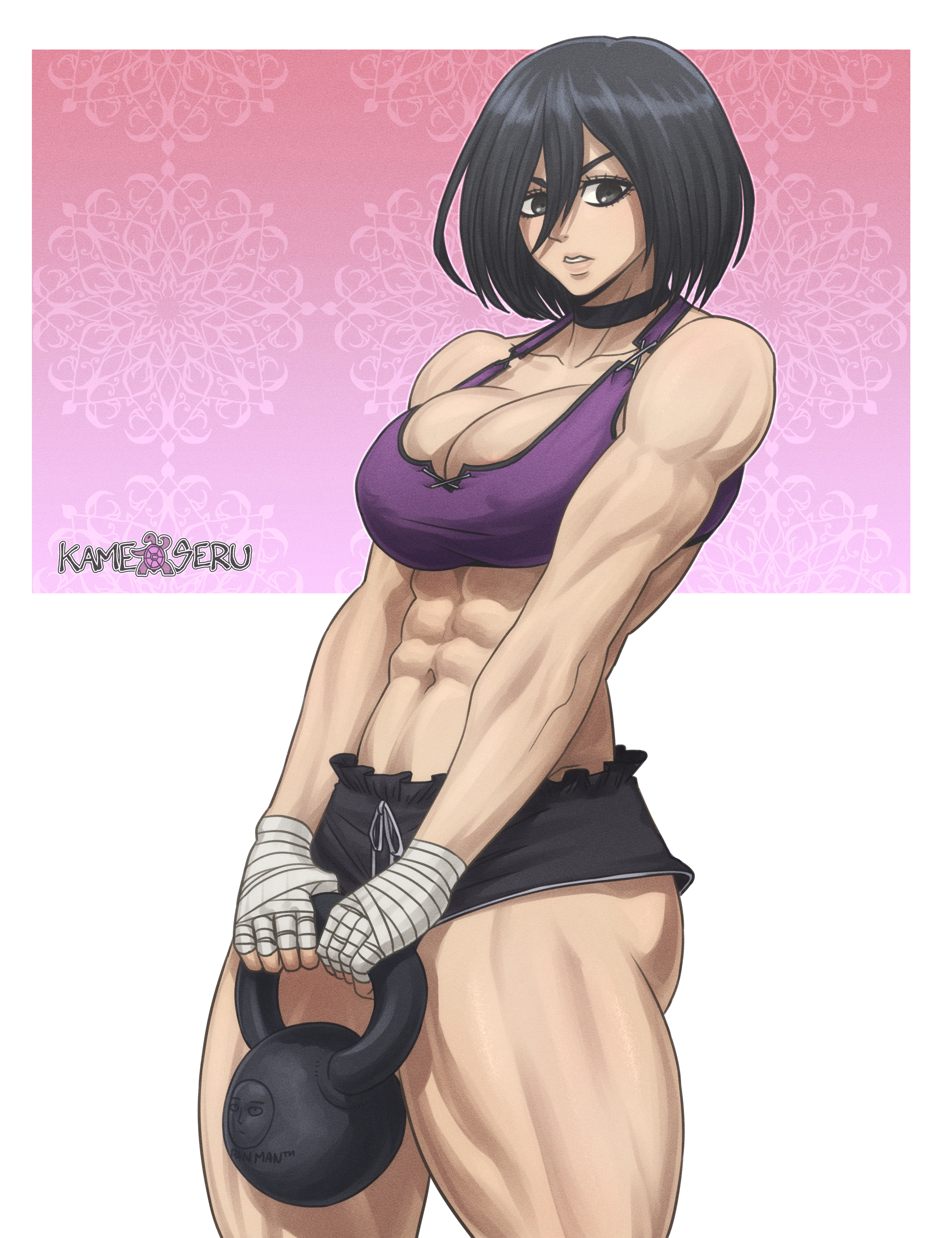 1girls, abs, absurd res, artist name, asian, asian female, athletic, athletic female, attack on titan, black choker, black eyes, black hair, black shorts, black-haired female, bra, breasts, chiseled abs, chiseled body, choker, cleavage, clothing, female, female abs, female only, fit, fit female, fully clothed, hair between eyes, hi res, holding, holding object, kameseru, large breasts, lips, lipstick, looking at viewer, makeup, mikasa ackerman, muscles, muscular, muscular female, navel, nose, pink background, shingeki no kyojin, short hair, short shorts, short-haired female, shorts, simple background, solo, sports bra, sportswear, standing, stomach, thick thighs, thighs, underwear, white background, workout, workout clothes