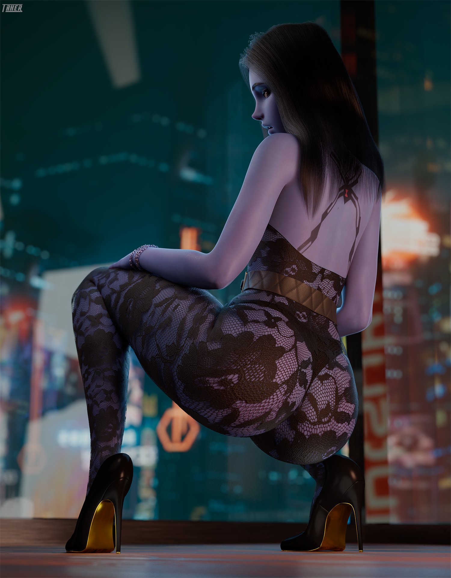 1girls, 3d, ass, big ass, crouch, dress, female, female only, high heels, lingerie, looking at viewer, looking back, night, overwatch, pose, posing, solo, solo female, squatting, takerskiy, thick thighs, widowmaker
