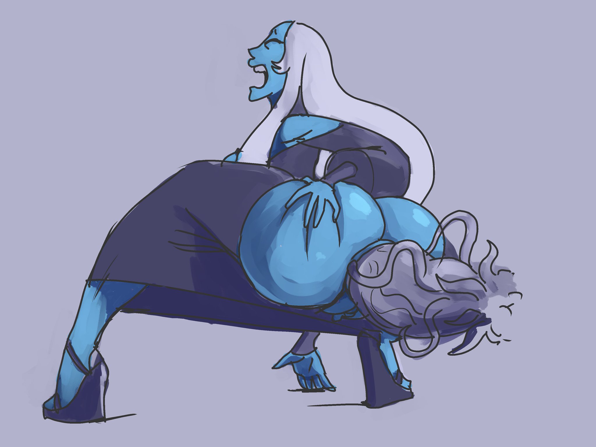 alien, alien girl, anal, anal sex, anus, ass, ass crack, ass grab, big anus, big ass, big butt, big penis, black dress, blue body, blue diamond (steven universe), blue skin, bubble ass, bubble butt, butt crack, cartoon network, diamond authority, female, gem (species), giant ass, high heels, hips, humanoid penis, male, massive ass, massive butt, painful, penis, pussy, putricia, simple background, steven universe, thick ass, wedge heels, white hair, wide hips