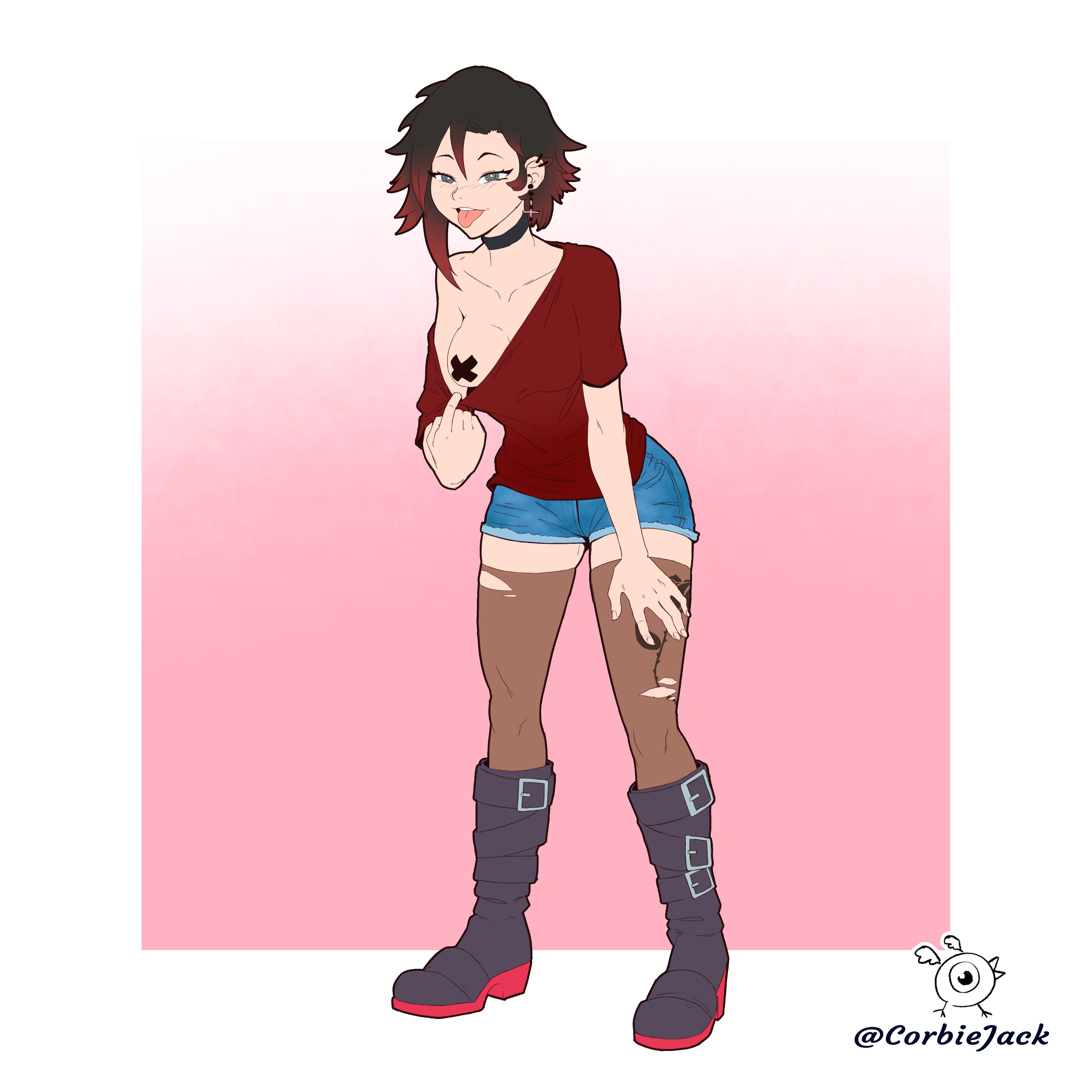 1girls, baggy clothing, corbiejack, female, female only, nipple pasties, posing, ruby rose, rwby, solo, teasing, tongue, tongue out, torn stockings