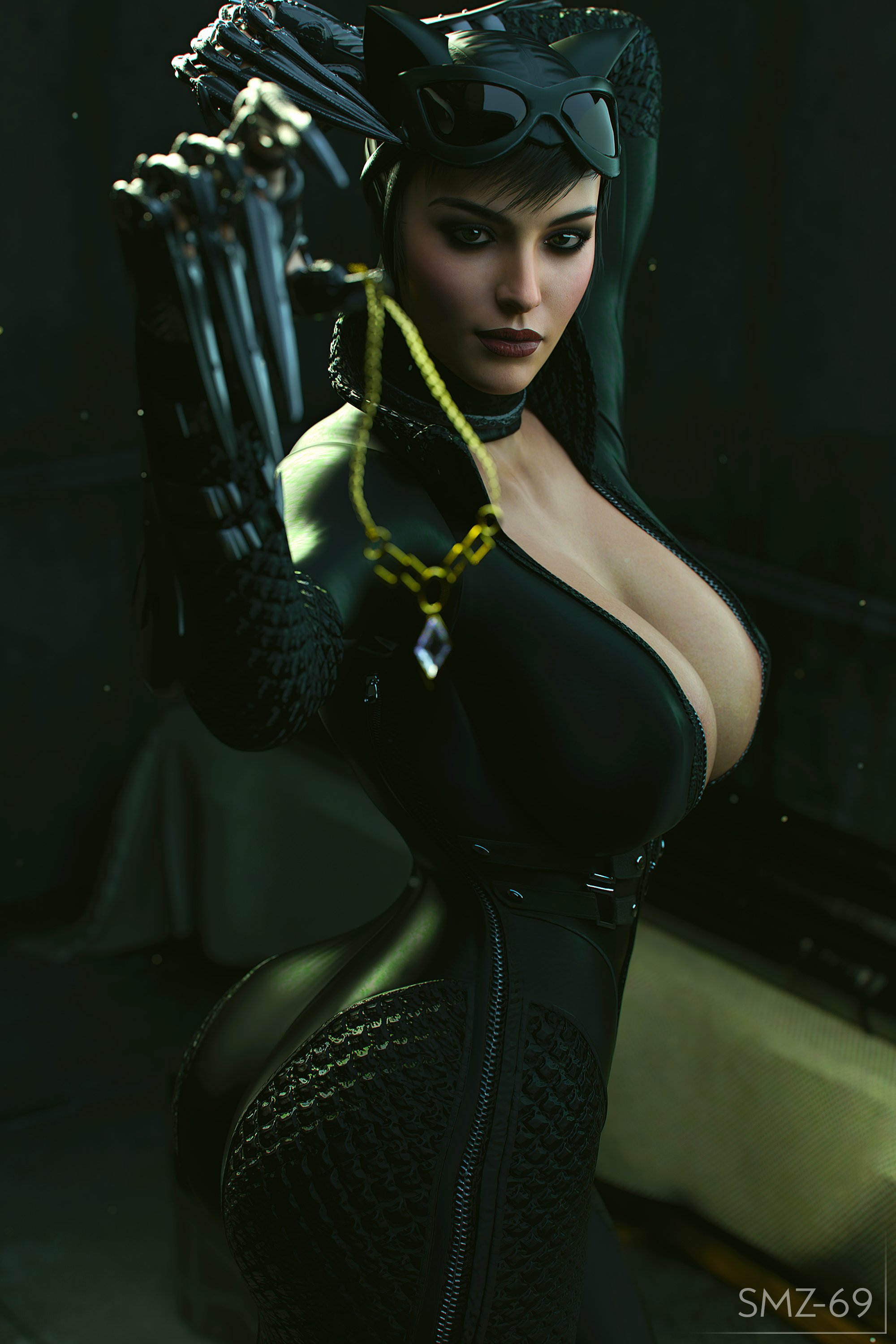 1girls, 3d, absurd res, ass, batman (series), bodysuit, breasts, cat ears, catwoman, catwoman (injustice), claws, cleavage, dc, dc comics, female, female only, hi res, injustice 2, large breasts, looking at viewer, necklace, pose, selina kyle, smz-69, solo