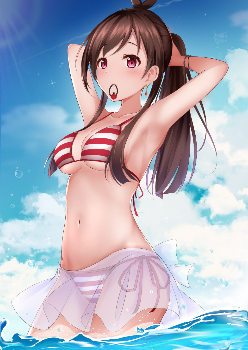 1girls adjusting_hair armpits arms_behind_head arms_up bare_arms bare_shoulders bikini breasts brown_hair cleavage cloud collarbone commentary_request day earrings hair_tie hair_tie_in_mouth highres idolmaster idolmaster_cinderella_girls jewelry long_hair looking_at_viewer medium_breasts monaka_curl mouth_hold navel outdoors ponytail red_bikini red_eyes sarong see-through side-tie_bikini sky solo stomach striped striped_bikini sunlight swimsuit tsujino_akari wading water