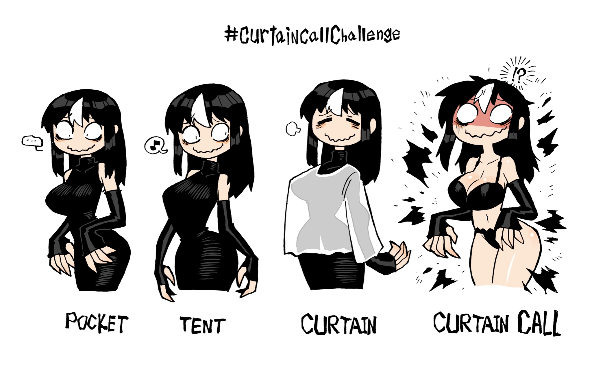 2022, big breasts, black hair, black panties, bra, breasts, bursting clothes, cleavage, crap-man, curtain call challenge, embarrassed, exposed panties, female, mob face, monster girl, noss the nosferatu (crap-man), original, original character, panties, surprised, tagme, tight clothing, torn clothes, underwear, undressed, vampire, wardrobe malfunction