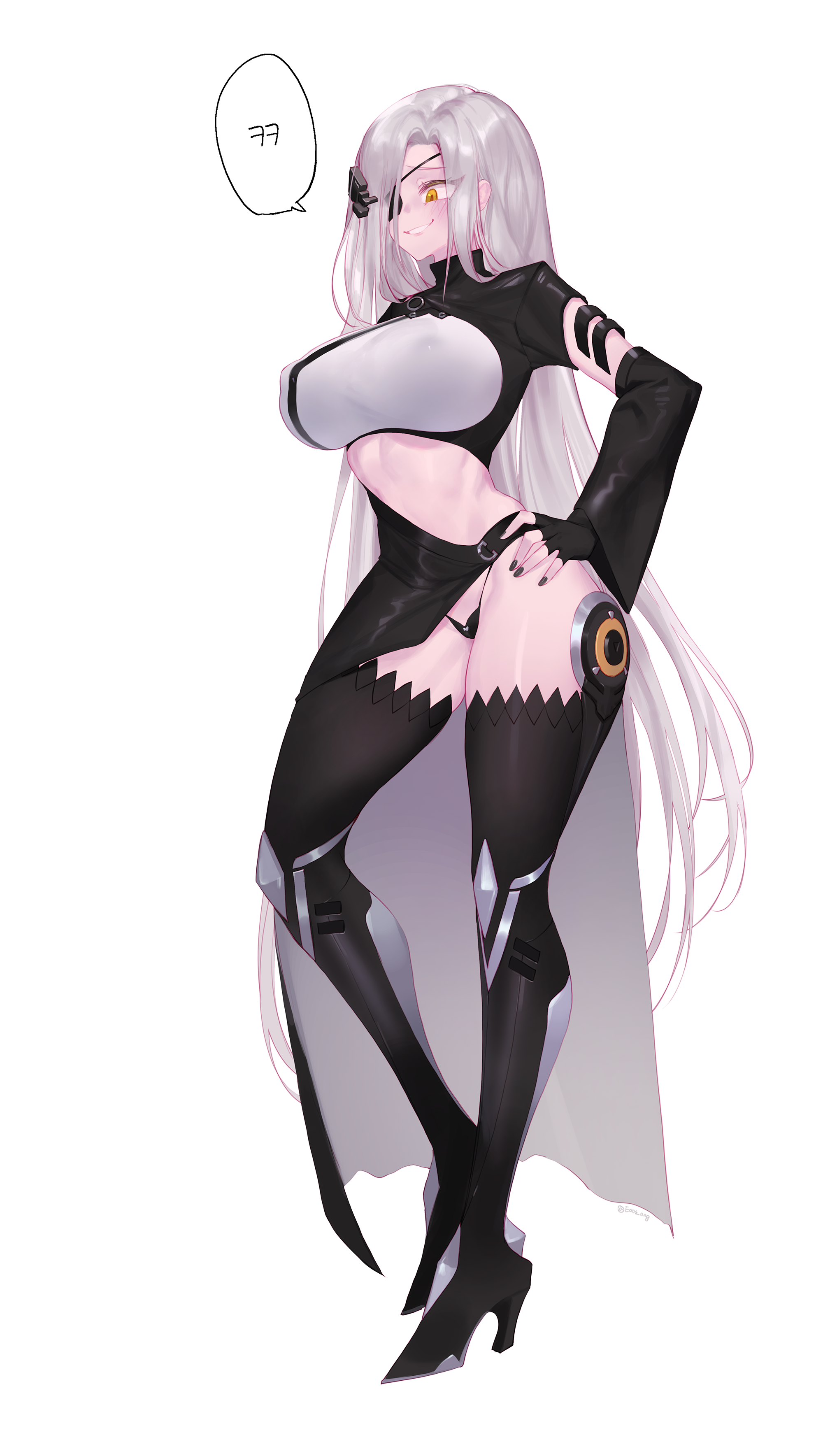 absurdres, alchemist (girls' frontline), black footwear, black gloves, black legwear, black nails, black panties, breasts, detached sleeves, eonsang, eyepatch, female, fingerless gloves, girls' frontline, gloves, grin, hand on hip, high heels, highres, huge breasts, korean text, long hair, nail polish, panties, sangvis ferri, shoes, silver hair, simple background, smile, solo, speech bubble, standing, tall female, thighhighs, translated, underwear, very long hair, white background, yellow eyes