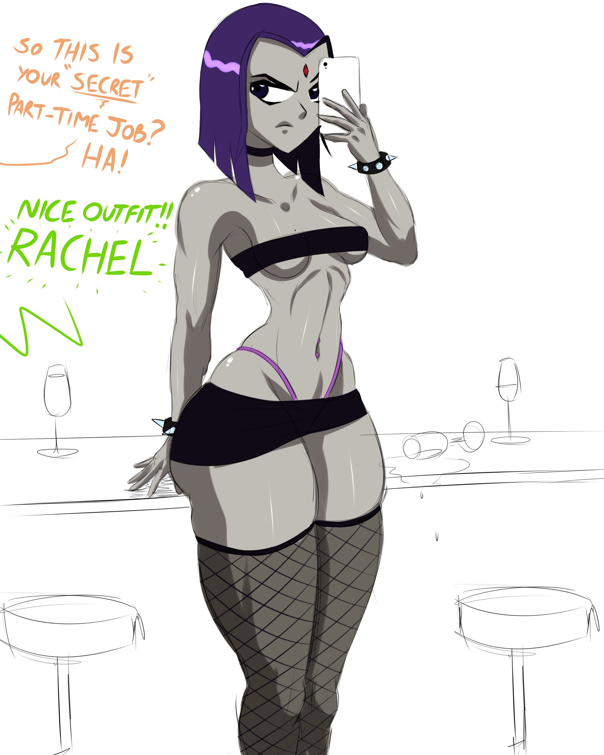 1girls, breasts, choker, dc, dc comics, english text, female, female focus, female only, fishnet stockings, forehead jewel, goth, legwear, miniskirt, porongoneitor, purple eyes, purple hair, rachel roth, raven (dc), skirt, solo, standing, straight hair, teen titans, text, thick thighs, thong