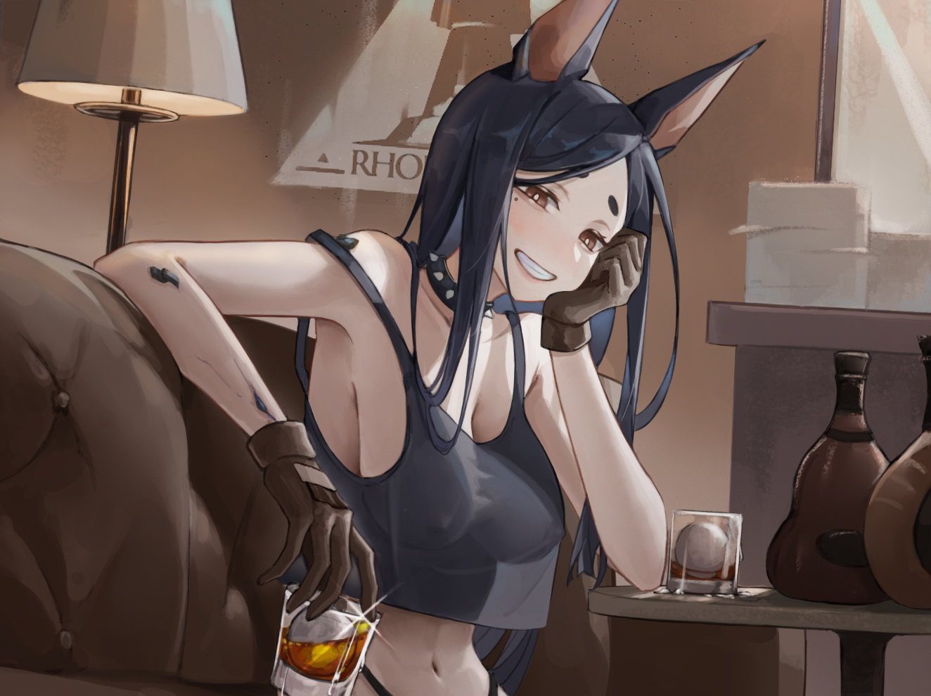 1girls, alcohol, animal ears, areolae, arknights, bare shoulders, big breasts, black hair, blush, breasts, breasts visible through clothing, brown eyes, choker, couch, dobermann (arknights), drinking, female, female only, glass, gloves, half-closed eyes, happy, head on hand, lamp, long hair, looking at viewer, mole, mole under eye, navel, nipples, nipples visible through clothing, oripathy lesion (arknights), sama24654684, sitting, sitting on sofa, smile, sofa, solo, teeth, thong, underwear