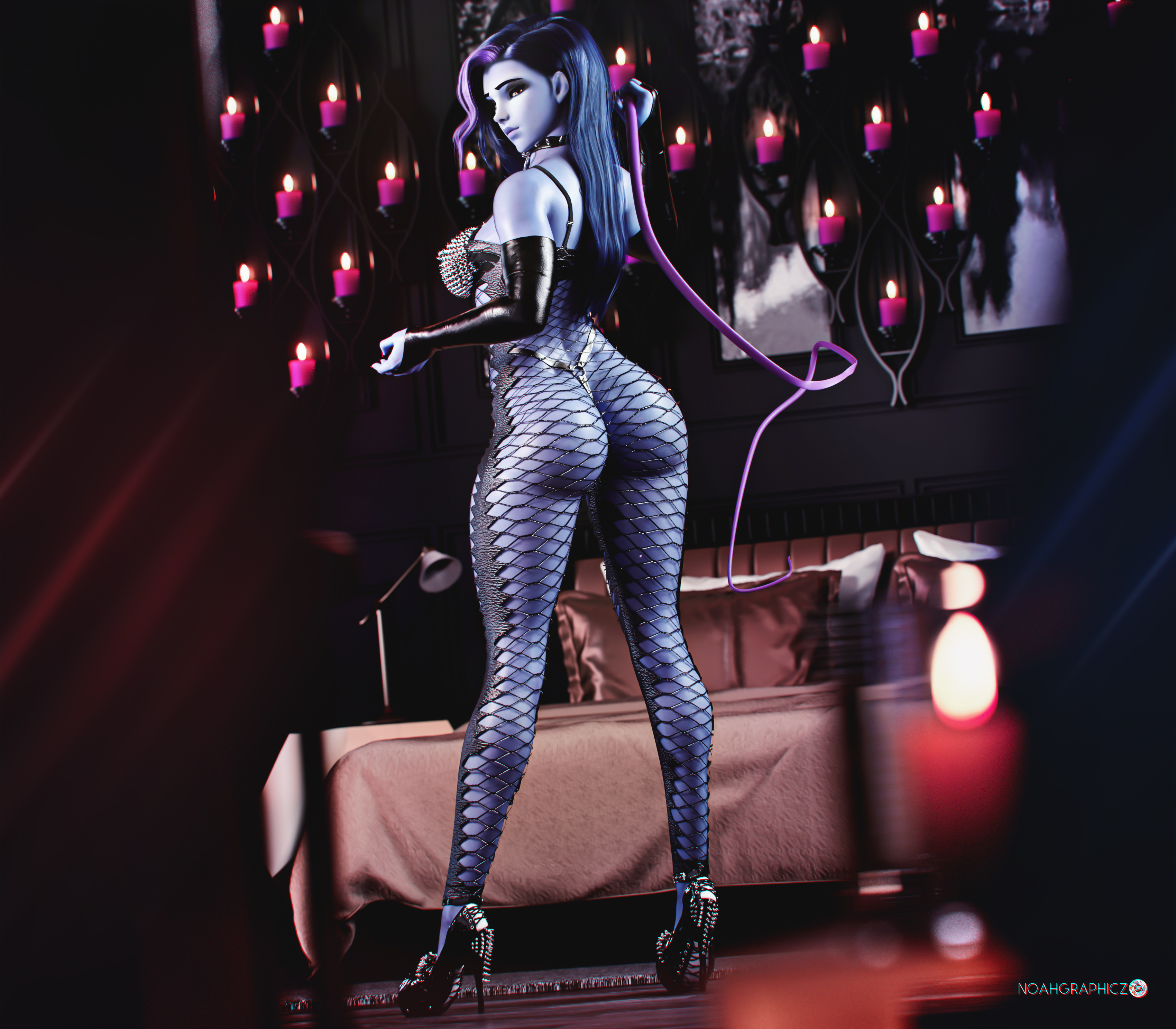 1girls, 3d, ass, blizzard entertainment, bubble ass, bubble butt, dominatrix, female, female only, fishnets, high heels, long hair, makeup, noahgraphicz, overwatch, purple hair, solo, standing, whip, widowmaker