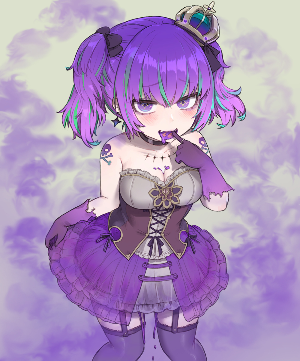 13o 1girls choker cleavage earrings fart fart_cloud garter_belt gloves hair_ornament hair_ribbon horny_female pale-skinned_female purple_eyes purple_hair ribbon slight_blush slime stockings tattoo unusual_fart