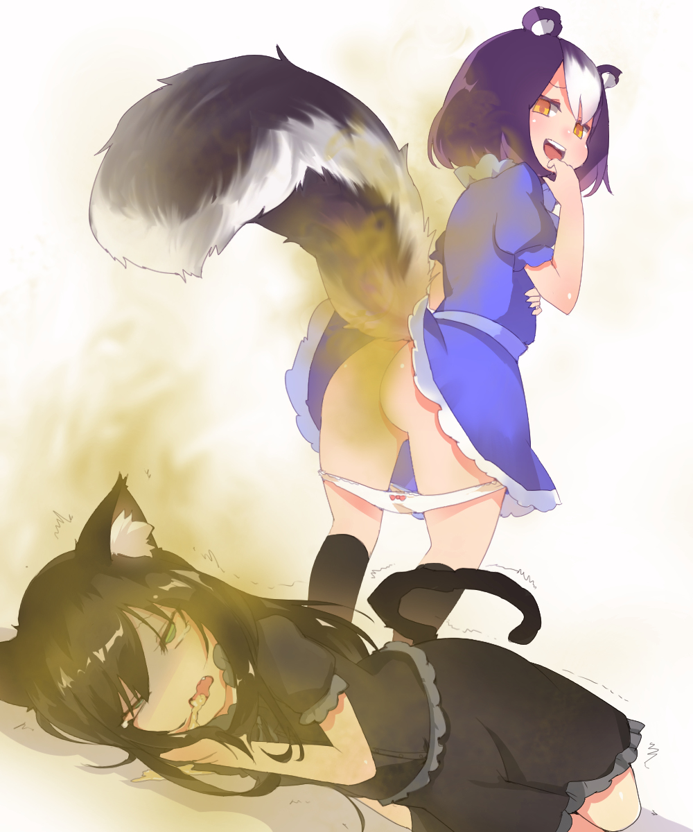 13o 2girls after_fart backwards_panties black_hair black_socks catgirl dress fart fart_everywhere fart_torture kemonomimi knocked_out lingering_stench looking_at_another looking_back multiple_girls panties_down raised_tail skunk skunk_girl stench stench_permeated stink torture upskirt vomit yuri