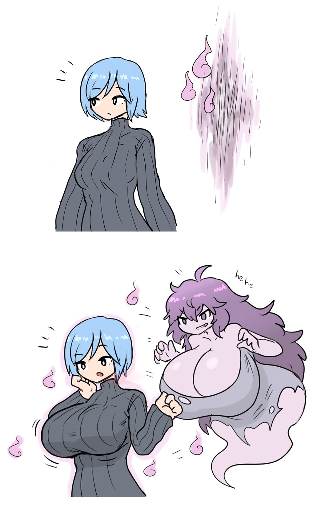 angry_expression big_breasts black_eyes blue_hair breast_expansion breasts_bigger_than_head grey_shirt looking_surprised magic magical_girl sheepapp spirit text violet_eyes violet_hair violet_skin