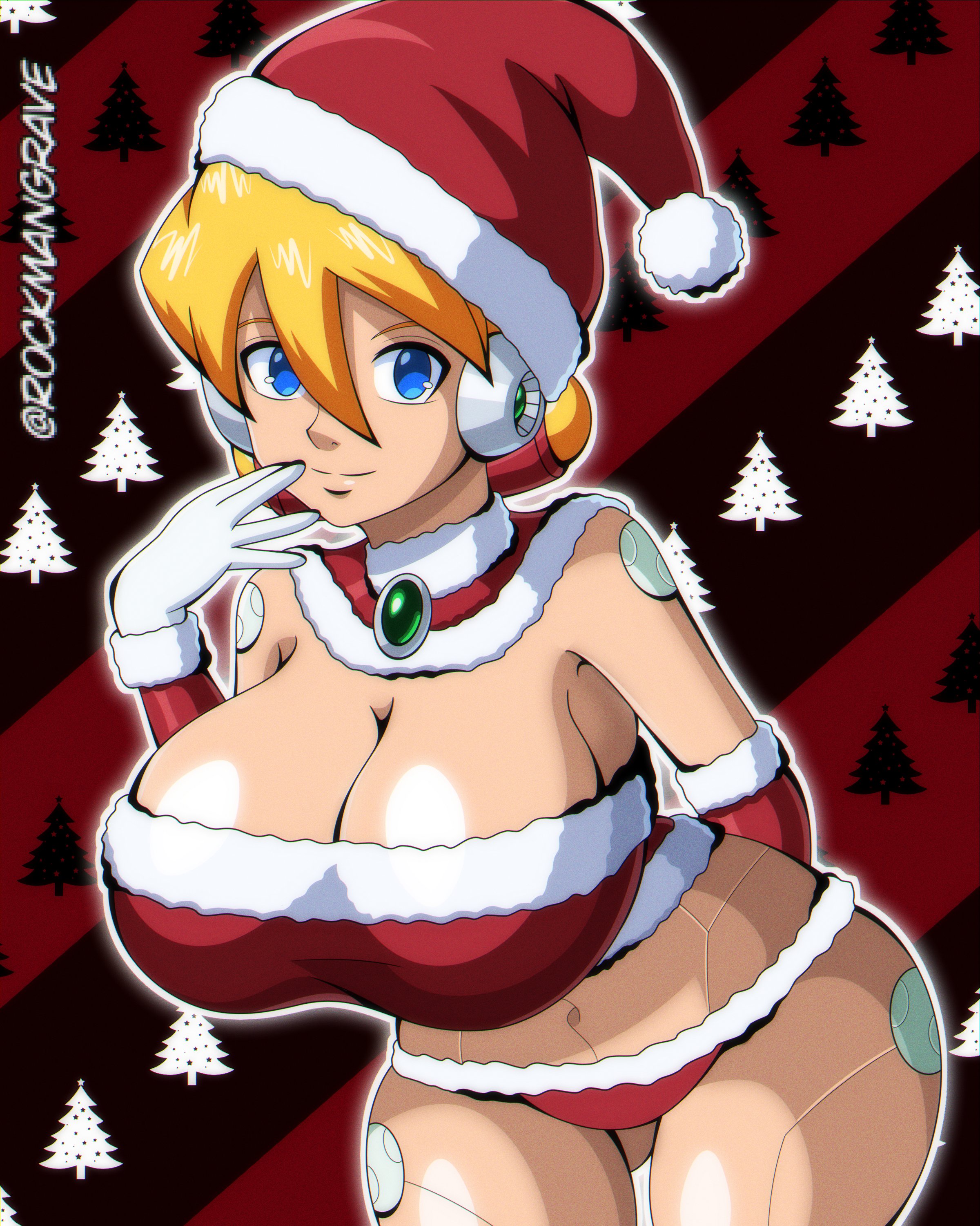 1girls, alia, alternate breast size, android, blonde hair, blue eyes, breasts, christmas, christmas headwear, christmas outfit, female, huge breasts, light skin, light-skinned female, mega man, mega man x, robot girl, robot joints, rockmangrave, smile, solo, solo female, solo focus