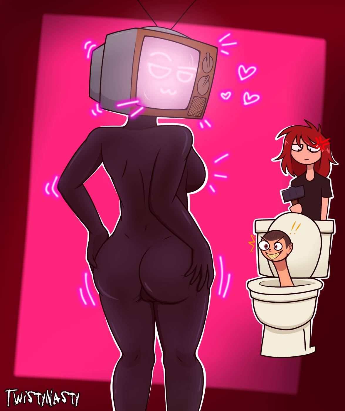 ! angry_face ass ass_grab black_shirt boobs breasts dark_skin evil_grin hammer hands_on_ass hearts human looking_back naked nude_female red_hair skibidi_toilet skibidi_toilet_(skibidi_toilet) tagme toilet tv tv_face tv_head tv_screen tv_woman_(skibidi_toilet) tvwoman_(skibidi_toilet) twistynasty