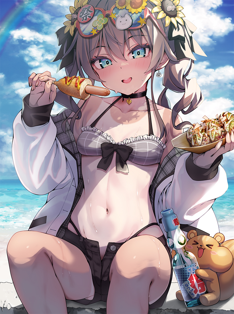 >_< :d aqua_eyes bare_shoulders beach bikini bikini_under_clothes black_bikini black_bow black_choker black_ribbon black_shorts blue_sky blush blush_stickers bottle bow breasts brown_hair choker cloud cloudy_sky collarbone commentary_request corn corn_dog dangle_earrings day earrings eyewear_on_head female flower food frilled_bikini frills grey_bikini hair_between_eyes hair_flower hair_ornament hair_ribbon heart highleg highleg_bikini holding holding_food hololive hololive_gen_1 hololive_japan jacket jewelry ketchup kubota_masaki long_hair long_sleeves looking_at_viewer matsurisu medium_hair micro_shorts natsuiro_matsuri navel ocean off_shoulder one-piece_tan open_clothes open_fly open_jacket open_mouth outdoors plaid plaid_bikini plaid_bikini_top puffy_long_sleeves puffy_sleeves rainbow ramune ribbon sand short_shorts shorts side_ponytail sitting sky small_breasts smile solo squirrel stomach sunflower sunflower_hair_ornament sunglasses sweat swimsuit takoyaki tan tanlines teeth twintails upper_teeth_only virtual_youtuber water wet white_jacket yellow_flower