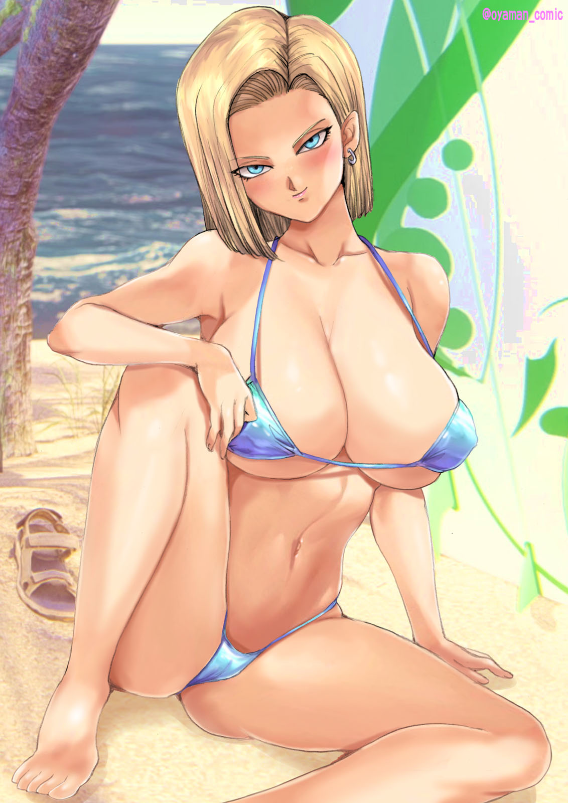 1girls, android 18, bare midriff, beach, big breasts, bikini, bikini bottom, bikini top, blonde hair, blue eyes, blush, blushing at viewer, bob cut, breasts, busty, cleavage, curvy, day, dragon ball, dragon ball z, earring, earrings, exposed midriff, eye contact, eyes visible through hair, female, female focus, female only, large breasts, light skin, light-skinned female, looking at viewer, midriff, nipple bulge, outdoors, outside, oyaman, short hair, sitting, smile, smiling, smiling at viewer, solo, solo female, tagme, thick thighs, thighs, voluptuous