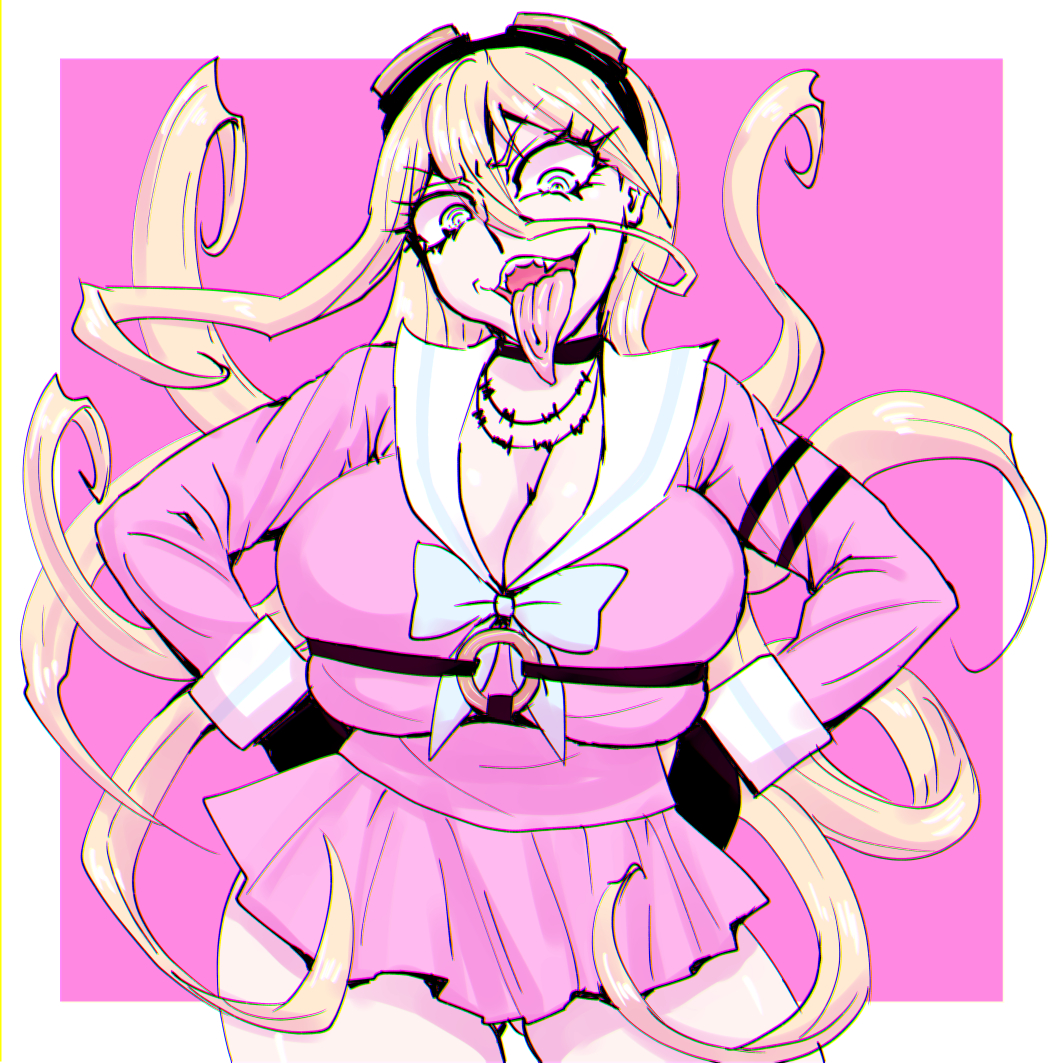 1girls, ass visible through thighs, blonde hair, blue eyes, bow, breasts, choker, cleavage, danganronpa, danganronpa v3, deusadesu, female, female only, gloves, goggles on head, hair between eyes, hands on hips, huge breasts, iruma miu, large breasts, long hair, new danganronpa v3, school uniform, skirt, solo, tongue, tongue out