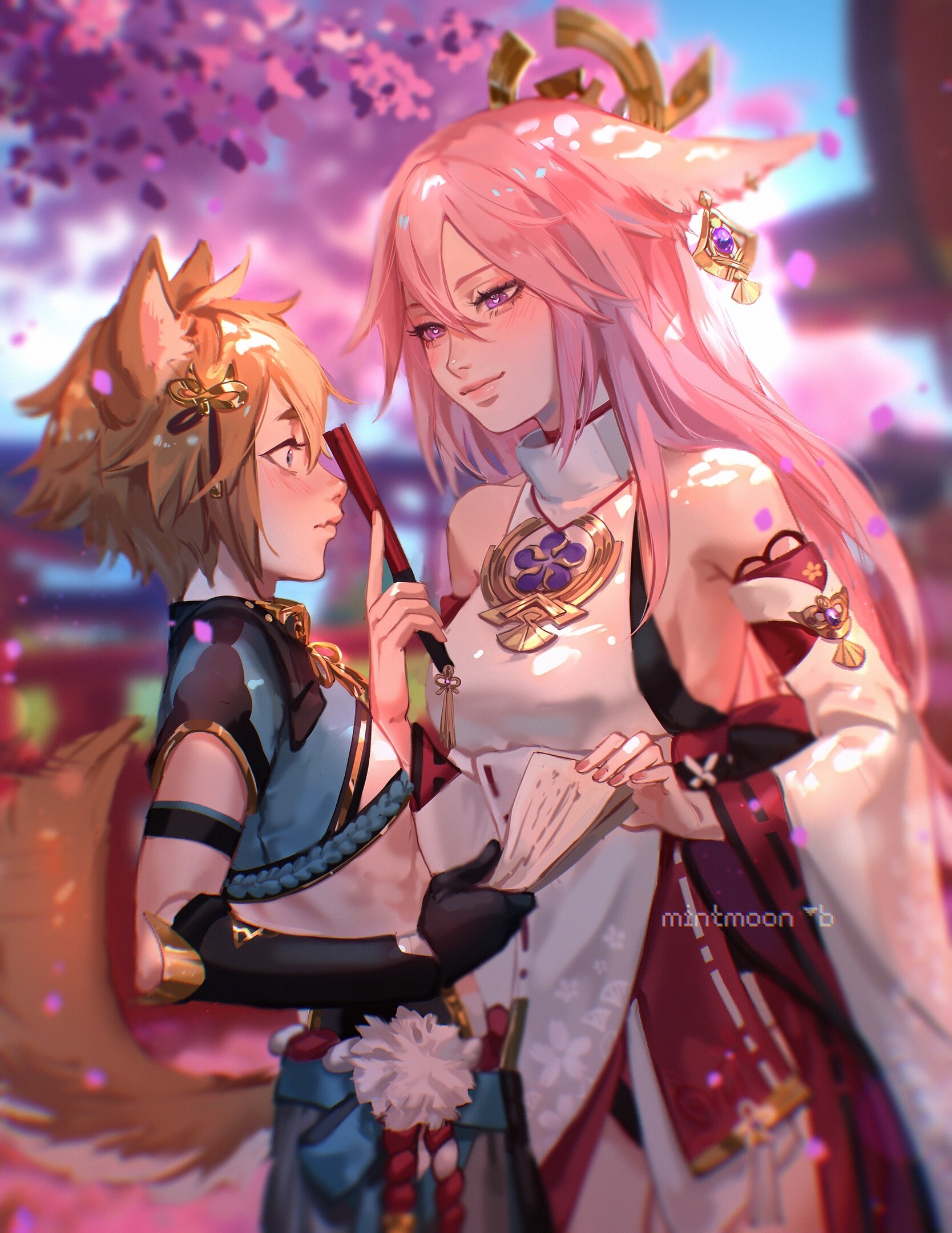 1boy, 1girls, asian clothing, bare shoulders, bigger female, blush, blush lines, dog ears, dog tail, female, fox ears, fox girl, genshin impact, gorou (genshin impact), heart-shaped pupils, height difference, light skin, looking at partner, male, outdoors, outside, pink hair, shorter male, smaller male, taller female, yae miko