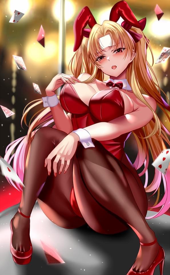 blonde hair, bunny ears, bunnysuit, casino, detached collar, detached cuffs, ereshkigal (fate), fate (series), fate/extra, fate/grand order, female, high heels, kuro (tbm9187), pantyhose, playing cards, red bunnysuit, red eyes, stripper pole, twintails