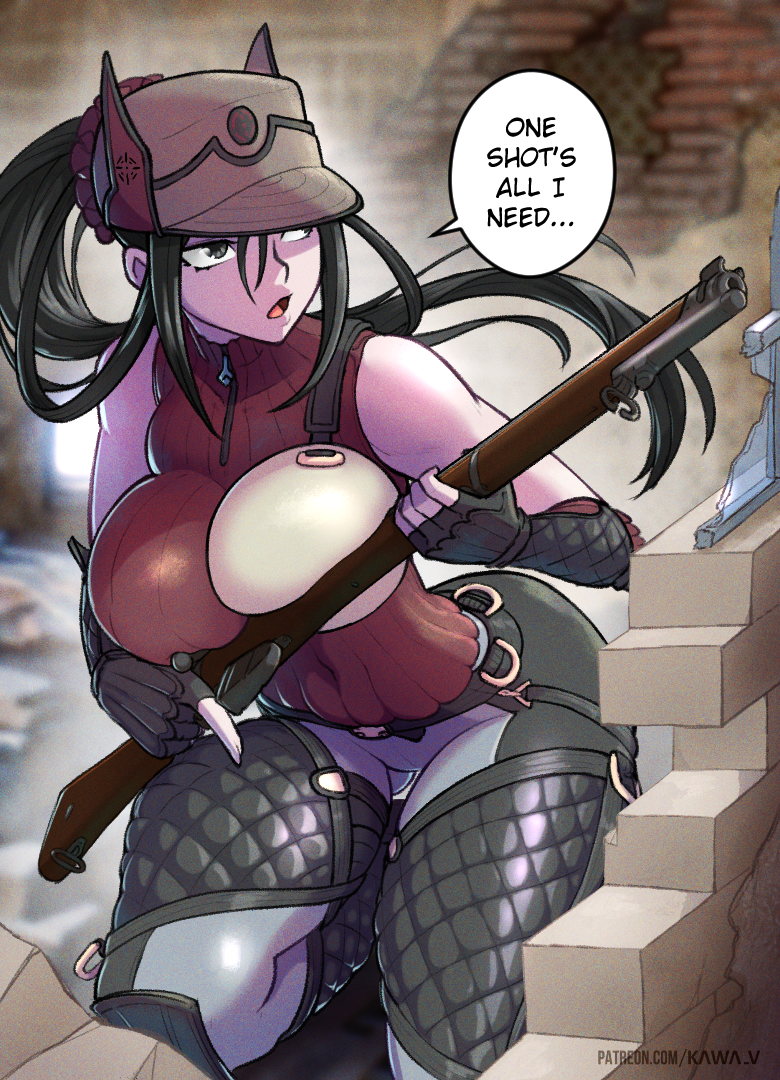 1girls ass big_breasts black_eyes black_hair clothed clothing gloves gun hat kai_schulen kawa-v large_breasts light_skin long_hair pressing_breasts sniper solo solo_female text thick_thighs valkyria_chronicles weapon