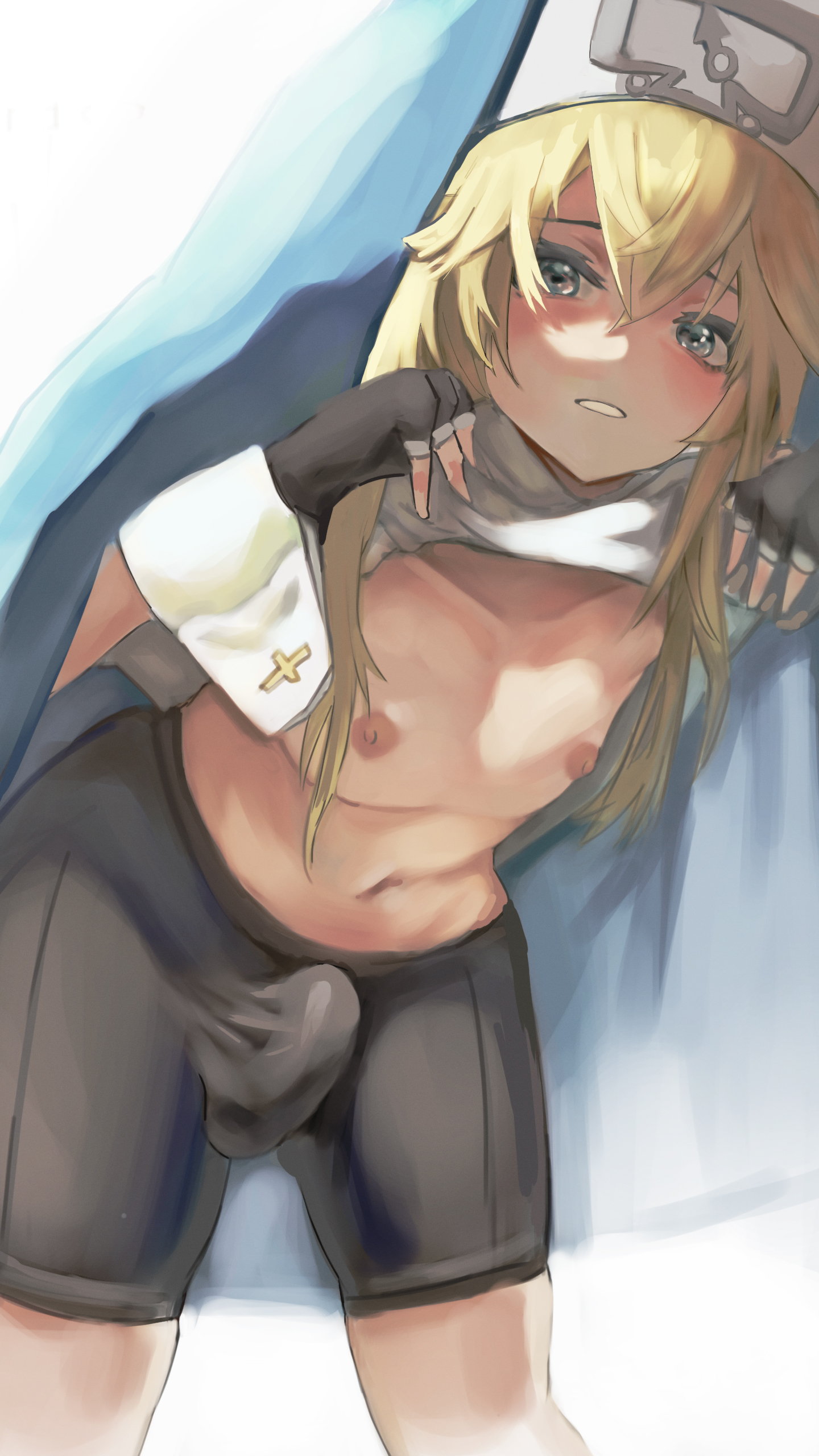 1boy, bike shorts, blonde hair, blue eyes, blush, bridget, bulge, erection, eye contact, fingerless gloves, gloves, guilty gear, guilty gear strive, looking at viewer, male, male nipples, male only, nipples, penis, shorts, solo, solo male, spandex shorts, thighs, xihuan h