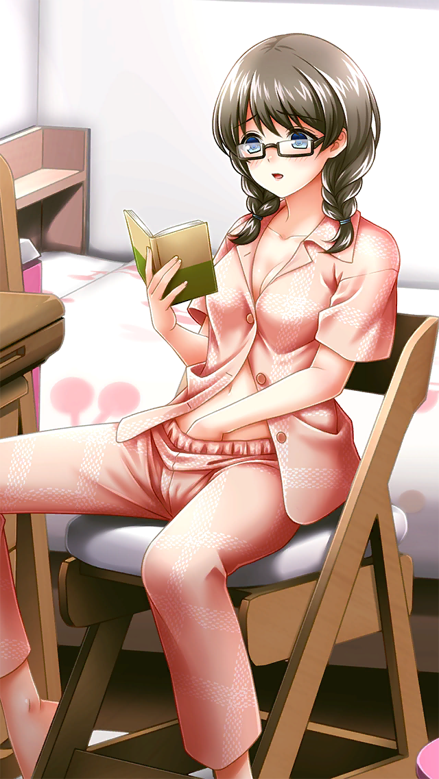 bedroom black-framed_eyewear blue_eyes blush book braid breasts brown_hair cleavage collarbone doukyuusei_another_world dress_shirt female female_masturbation game_cg hand_under_clothes holding holding_book indoors kakyuusei long_hair masturbation medium_breasts midriff navel official_art open_clothes open_mouth open_shirt pajamas pants pink_pants pink_shirt reading rectangular_eyewear semi-rimless_eyewear shirt sitting solo souma_ayumi spread_legs stomach twin_braids under-rim_eyewear