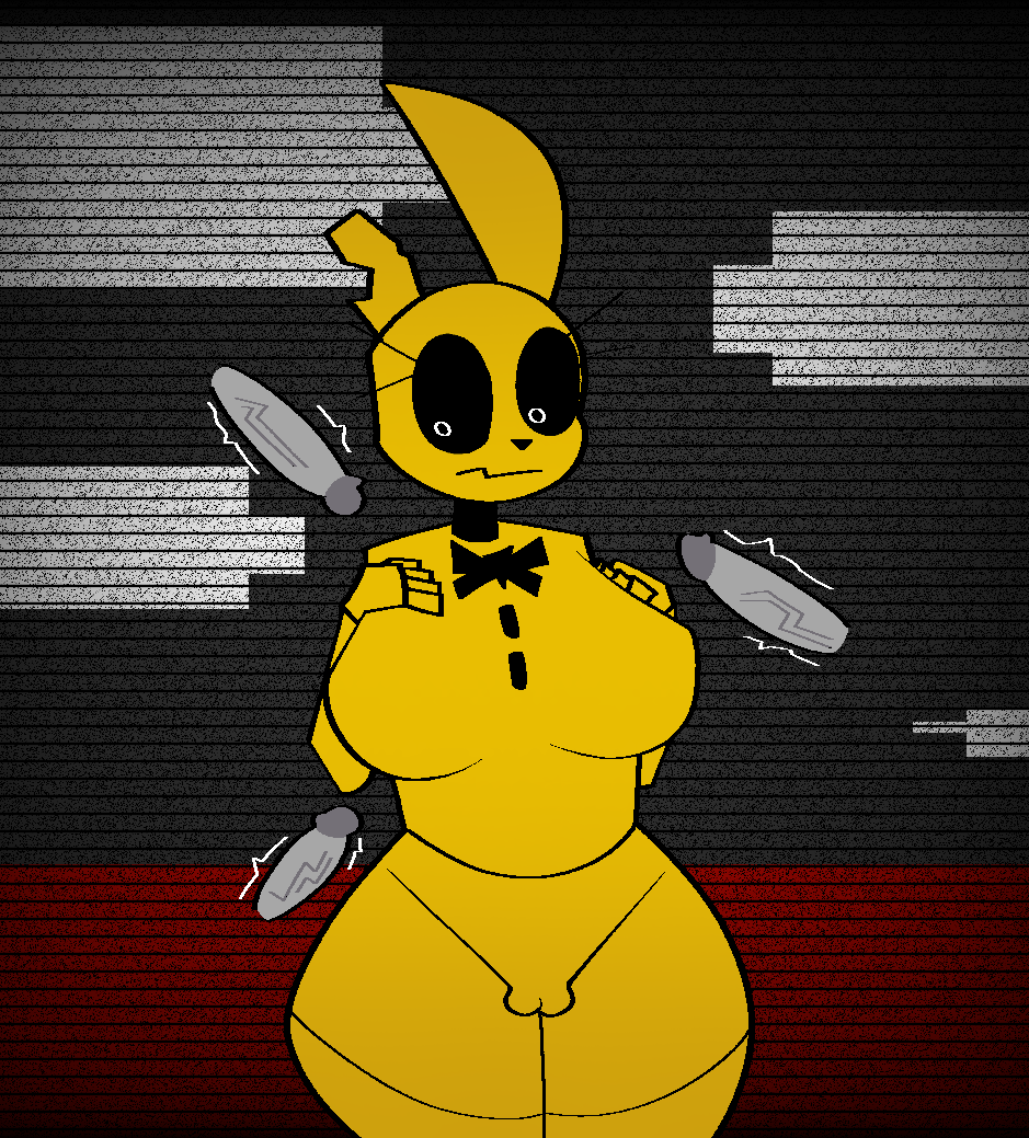 1girls 3boys animatronic anthro bit-fruity black_tie bunny bunny_ears bunny_girl color disembodied_penis featureless_breasts five_nights_at_freddy's five_nights_at_freddy's_3 fnaf genderswap_(mtf) glitch grey_penis hollow_eyes humanoid limited_palette nude phantom_penis rule_63 simple_background spring_bonnie spring_bonnie_(fnaf) veiny_penis yellow_body