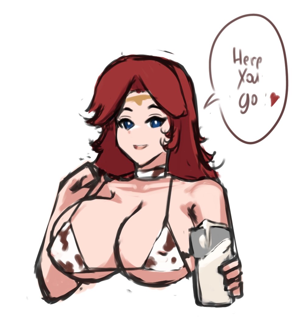 1girls adventurequest_worlds aqw aqworlds artix_entertainment big_breasts bikini blue_eyes cow_print cow_print_bikini english_text female gravelyn lactation large_breasts light-skinned_female long_hair milk red_hair solo starlightlit22 upper_body white_background