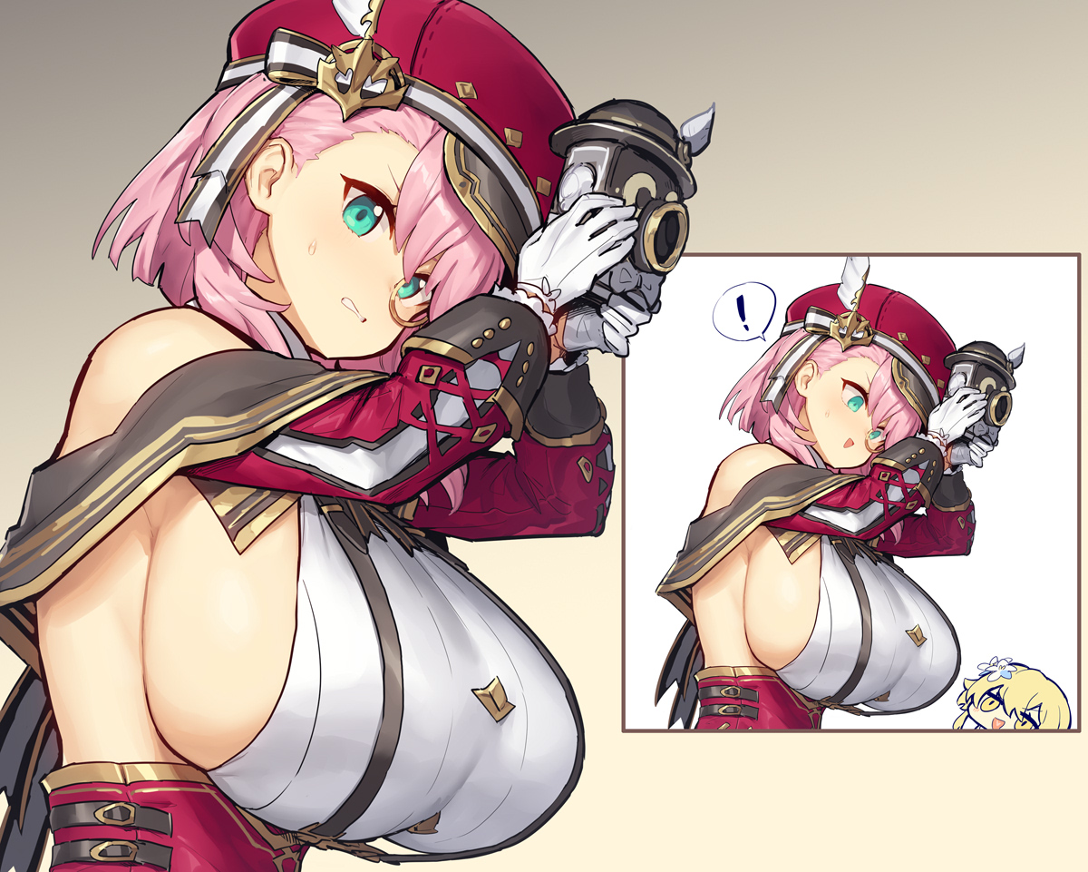big breasts, blue eyes, breasts, camera, charlotte (genshin impact), female, female only, genshin impact, hat, huge breasts, light skin, light-skinned female, looking at viewer, melon22, monocle, pink hair, sideboob, sweat, tagme