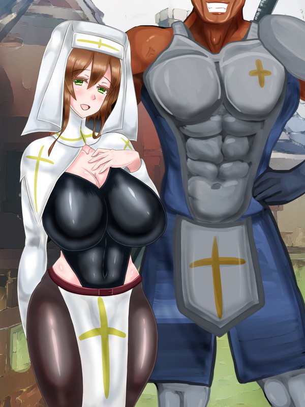 1boy 1girls abs araruck armor blush bodysuit breasts brown_hair cheating cleavage covered_navel cross dark_skin faceless_male green_eyes grin habit healer huge_breasts large_breasts leotard looking_at_viewer muscular netorare ntr nun open_mouth pantyhose saint smile