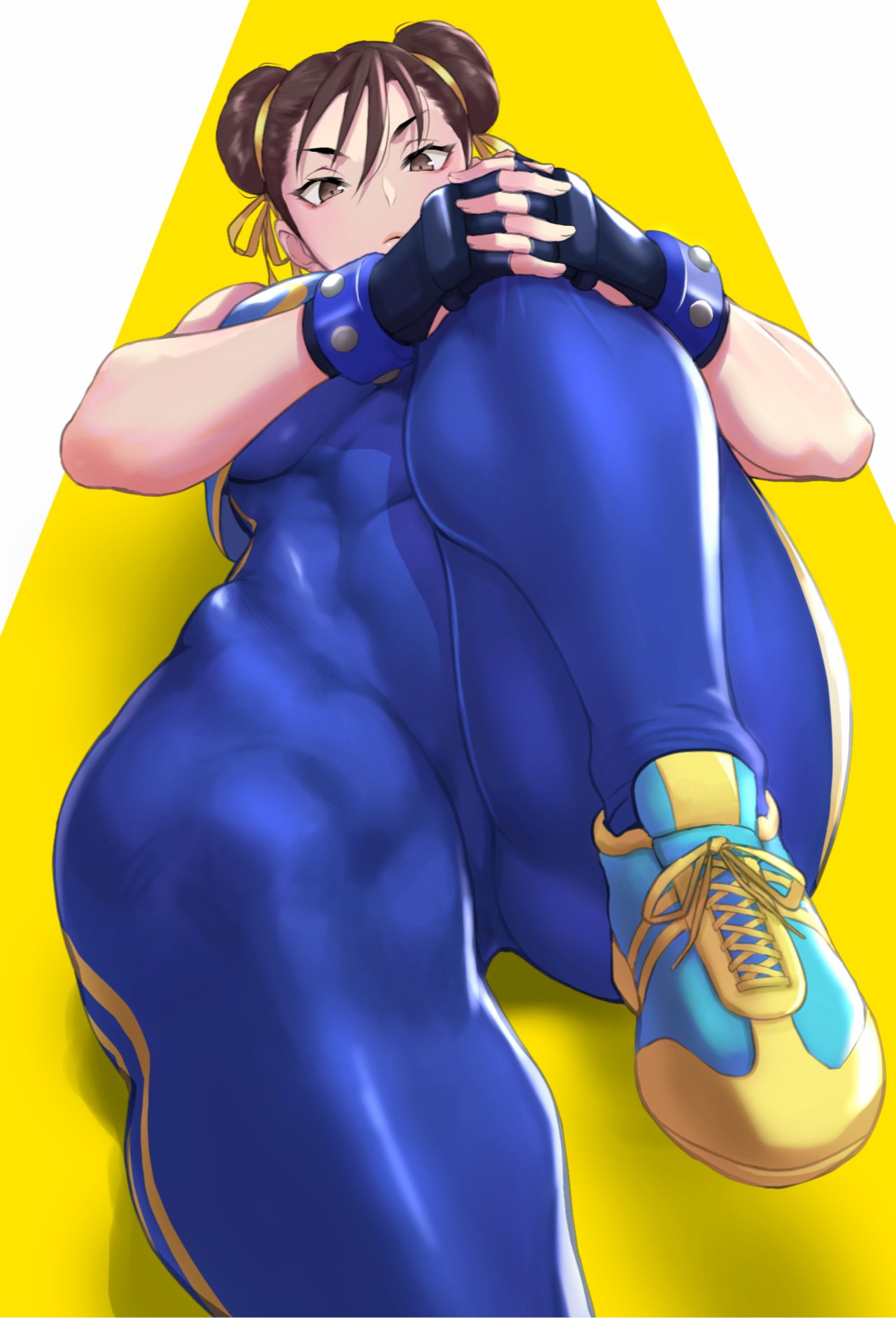 1girls abs alternate_costume anagumasan bodysuit brown_eyes brown_hair capcom chun-li exercise gloves hair_bun hair_ribbon looking_at_viewer looking_down muscular muscular_arms muscular_female muscular_legs muscular_thighs one_leg_up quad_tails ribbon shoes simple_background sneakers street_fighter street_fighter_v thick_thighs tight_clothing white_background yellow_background