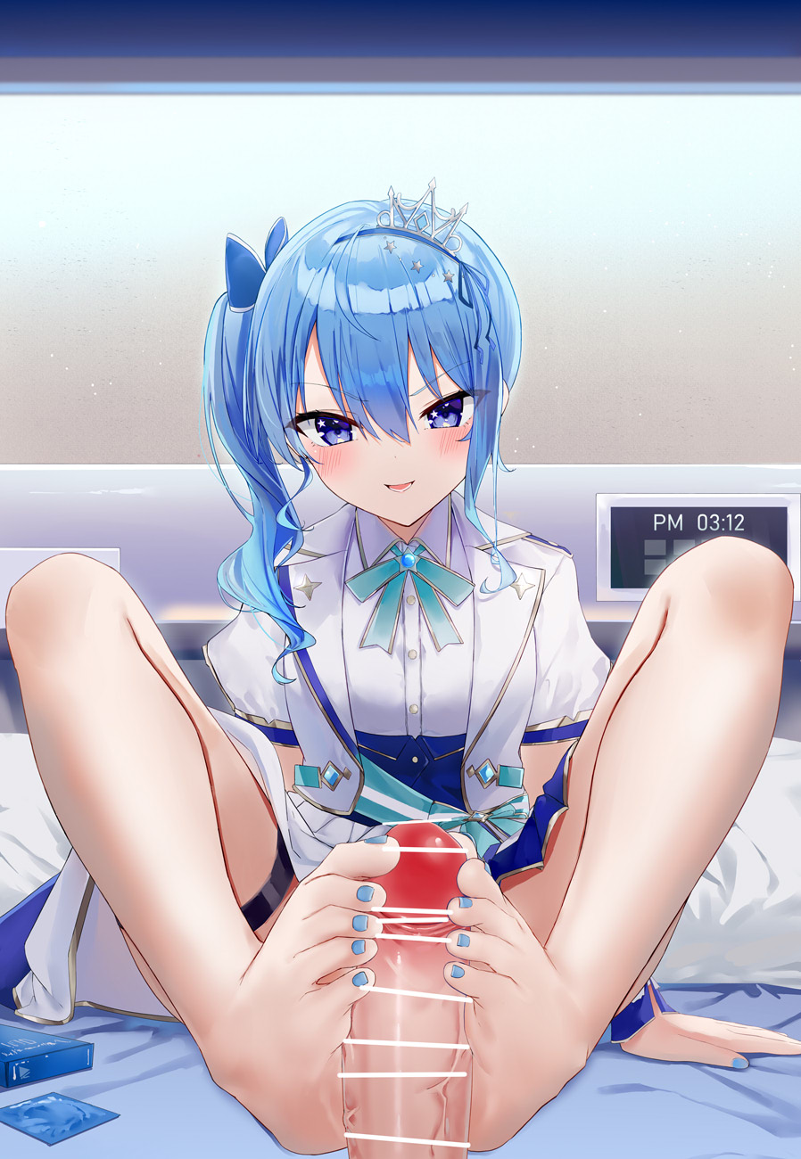 1boy bar_censor bare_legs barefoot bed blue_bow blue_condom blue_eyes blue_nails blue_shorts blush bow breasts cameltoe censored closed_mouth commentary_request condom condom_wrapper crown feet female footjob gold_trim hair_between_eyes hairbow highres hololive hololive_gen_0 hololive_japan hoshimachi_suisei indoors jacket kou_futoshi long_hair looking_at_viewer mini_crown miniskirt nail_polish on_bed out_of_frame penis pov puffy_short_sleeves puffy_sleeves shirt short_shorts short_sleeves shorts side_ponytail sitting skirt small_breasts star_(symbol) star_in_eye symbol_in_eye thigh_strap toes two-footed_footjob virtual_youtuber white_jacket white_shirt white_skirt