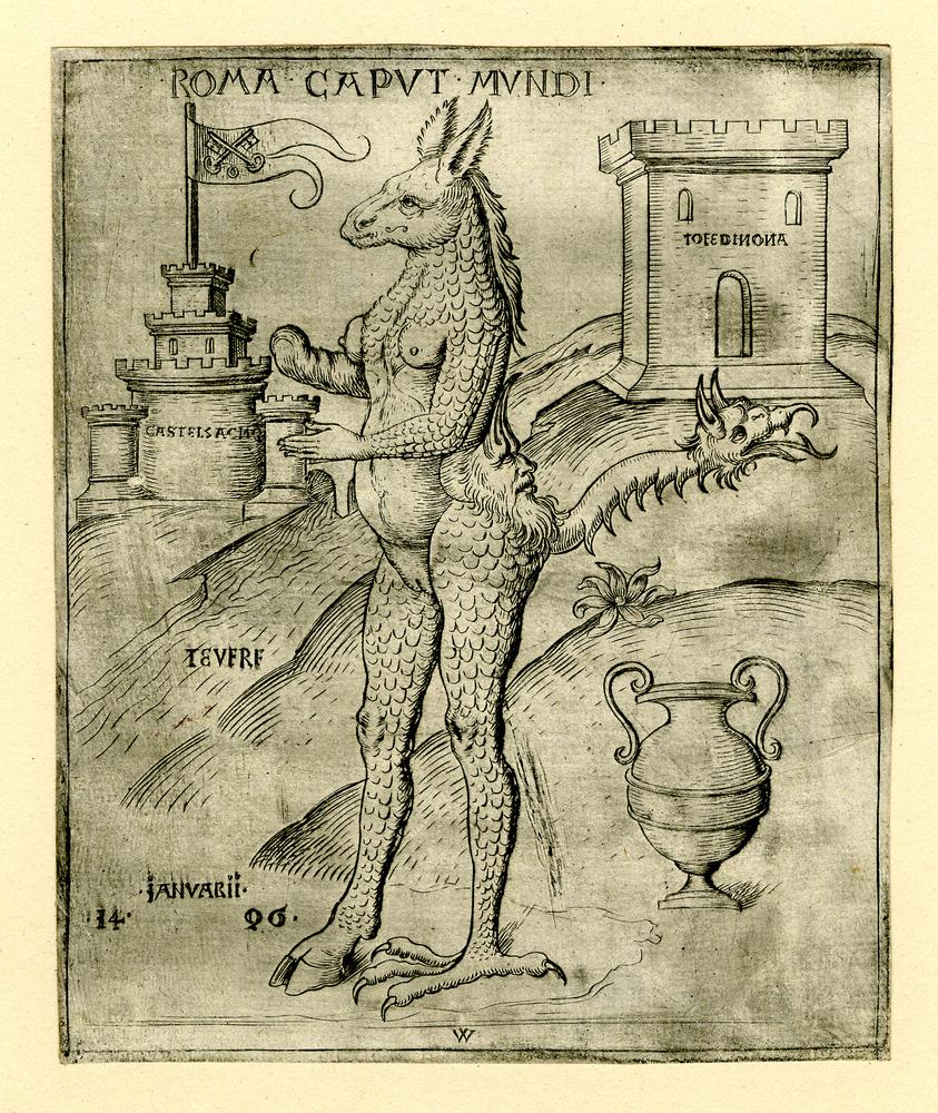 1496 ancient_art anthro asinus breasts castle cloven_hooves donkey equid equine female fingers flag genitals hooves hybrid latin_text mammal nipples nude pope-ass public_domain pussy scales solo standing text tiber_river traditional_media_(artwork) wenzel_von_olmutz