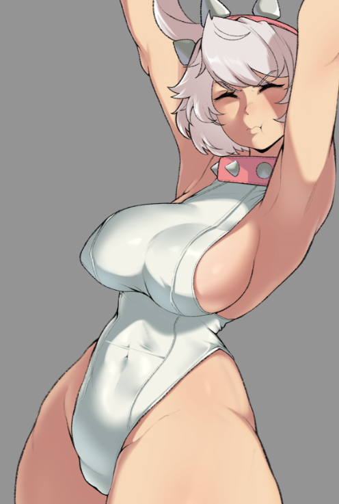 1girls clothed_breasts collar elphelt_valentine guilty_gear guilty_gear_strive guilty_gear_xrd hexprinxess hips leotard light-skinned_female light_skin pale-skinned_female pale_skin pink_collar sideboob solo solo_female solo_focus spiked_collar stretching thick_thighs thighs