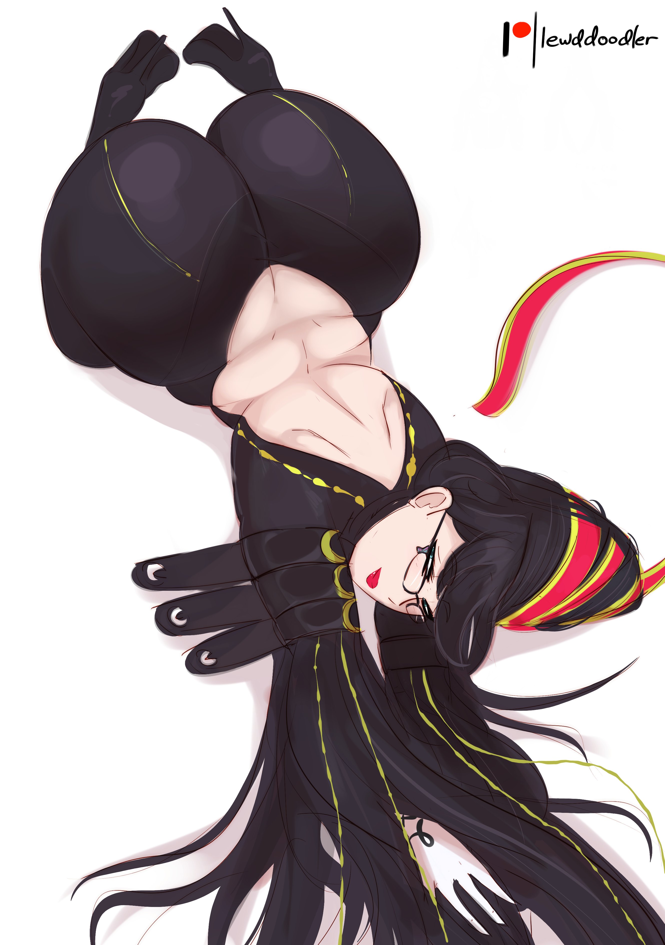 ass, ass cleavage, ass crack, bayonetta, bayonetta (character), big ass, bodysuit, bottom heavy, bubble ass, bubble butt, butt crack, fat ass, female, female only, glasses, heels, huge ass, hyper, hyper ass, laying down, laying on stomach, leather, lewddoodler, lipstick, looking at viewer, solo