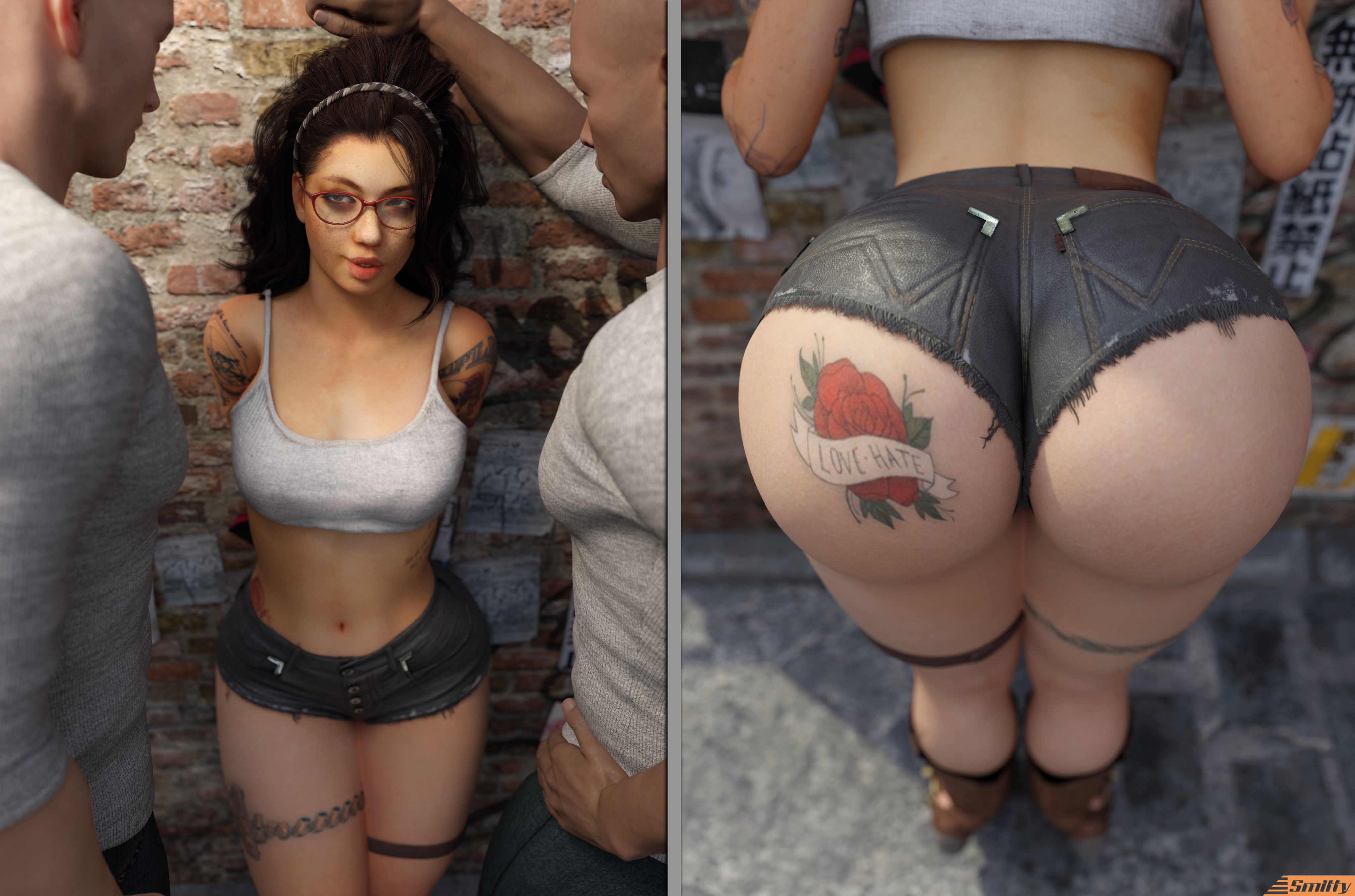 1girls, 2boys, 3d, ass, big ass, daisy dukes, devil may cry, devil may cry (series), devil may cry 5, female, glasses, looking at viewer, male, nicoletta goldstein, smitty34, tank top, tattoo, tattoos, thick thighs, thong, tramp stamp, voluptuous, voluptuous female, wide hips