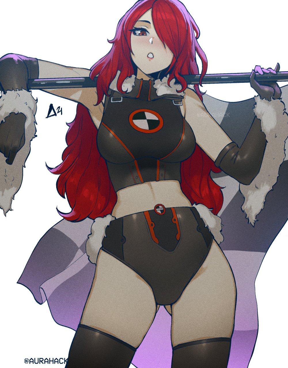 1girls aurahack black_crop_top black_shorts breasts crop_top elbow_gloves female female_only flag fully_clothed fur_trim gloves hair_over_one_eye holding_flag long_hair looking_at_viewer medium_breasts midriff mitsuru_kirijo persona persona_3 race_queen red_eyes red_hair revealing_clothes short_shorts shorts solo solo_female stockings thighhighs tight_clothing