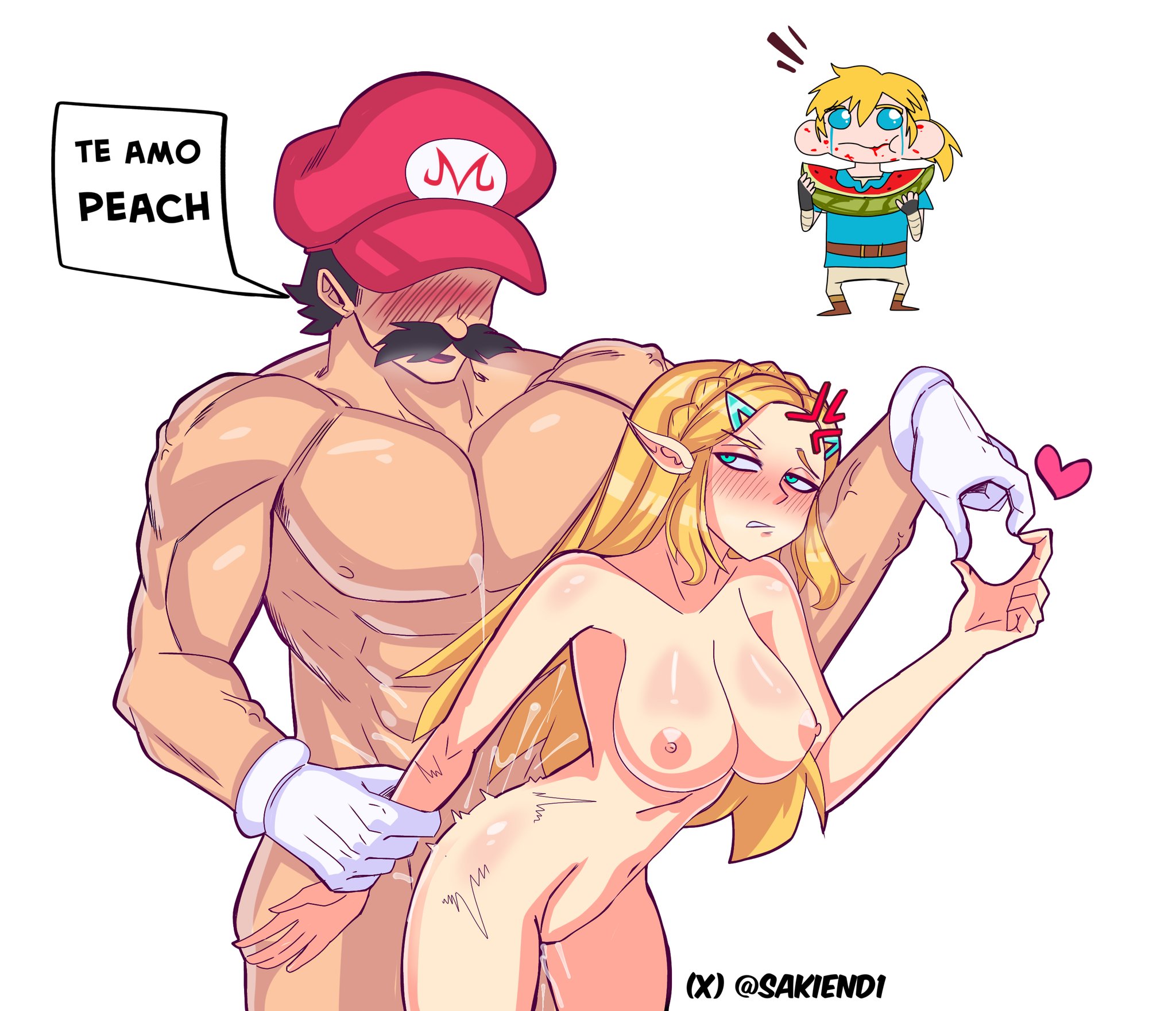 1girls, 2boys, 2d, abs, alternate body type, anger vein, black hair, blonde hair, blue eyes, blush, braid, breath of the wild, cap, crossover, cuckold, cuckolding, eating, eating food, eating fruit, eating watermelon, facial hair, female, food, fruit, gloves, green eyes, hairclip, heart, holding, holding food, holding fruit, holding object, holding watermelon, hylian, light skin, light-skinned female, light-skinned male, link, link (breath of the wild), long hair, long-haired male, looking back, male, mario, mario (series), netorare, nintendo, ntr, nude, nude female, nude male, pointy ears, ponytail, princess zelda, sakiend1, spanish text, standing sex, tears, the legend of zelda, voyeur, watermelon, watermelon slice, zelda (breath of the wild)