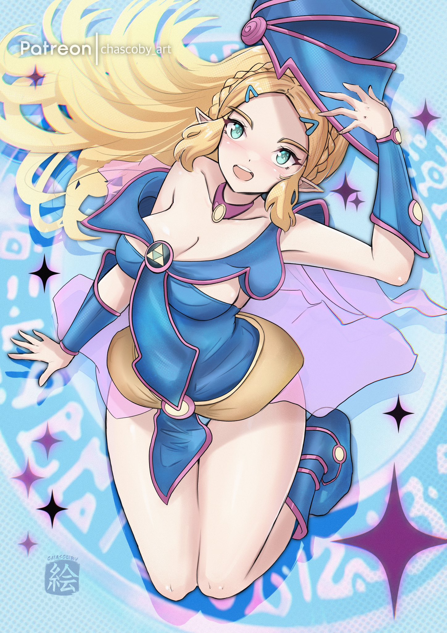 1girls, blonde hair, blue dress, blue eyes, boots, braid, breasts, breath of the wild, chascoby, choker, cosplay, dark magician girl, dark magician girl (cosplay), dress, duel monster, female, hairclip, hat, large breasts, long hair, looking at viewer, nintendo, princess zelda, the legend of zelda, triforce, vambraces, witch hat, yu-gi-oh!, zelda (breath of the wild)
