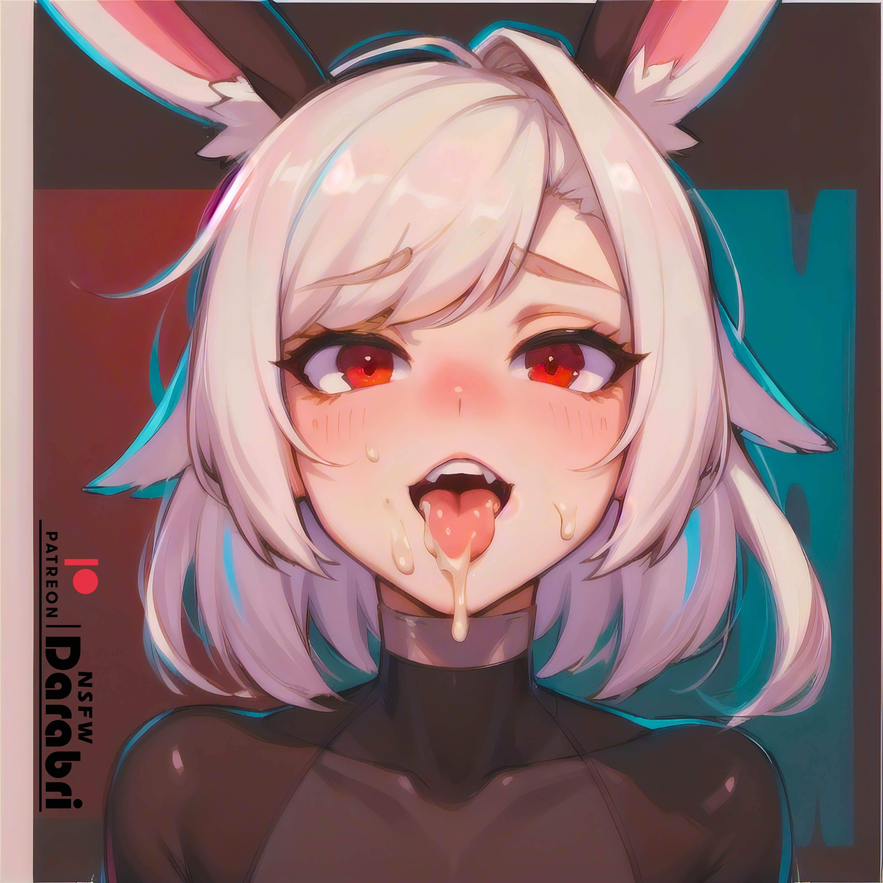 1boy, absurd res, ai generated, blush, bunny ears, close-up, colored, cum, cum in mouth, cum on face, cum on tongue, cute, cute male, darabri, detailed, eating cum, excited, face, face focus, femboy, feminine male, flat chest, flushed, girly, happy, logo, looking at viewer, male, open mouth, otoko no ko, outlines, pale skin, patreon, patreon logo, petite, pov, red eyes, ribbit nova, sharp teeth, short hair, solo, solo focus, teeth, tight clothing, tight fit, tongue, tongue out, trap, white hair
