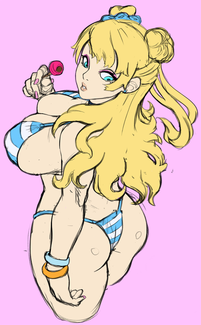 1girls ass big_ass big_breasts bikini blonde_hair blue_bikini blue_eyes busty double_bun fat_ass female female_only galko large_breasts legs navel oshiete!_galko-chan pose posing sideboob solo swimsuit thighs thong_bikini