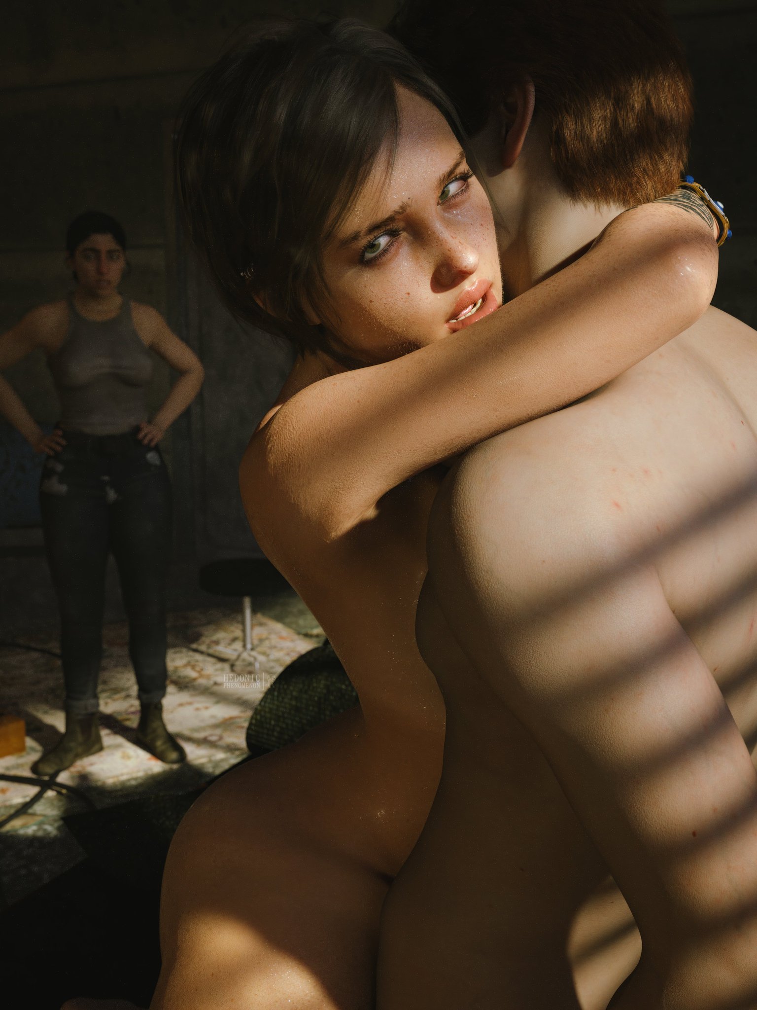 1boy, 2girls, 3d, caught, cuckquean, dina (the last of us), ellie (the last of us), ellie williams, female, hedonicphenomenon, human, jewish, jewish female, male, multiple females, multiple girls, naughty dog, pale skin, realistic, tagme, the last of us, the last of us 2, unseen male face
