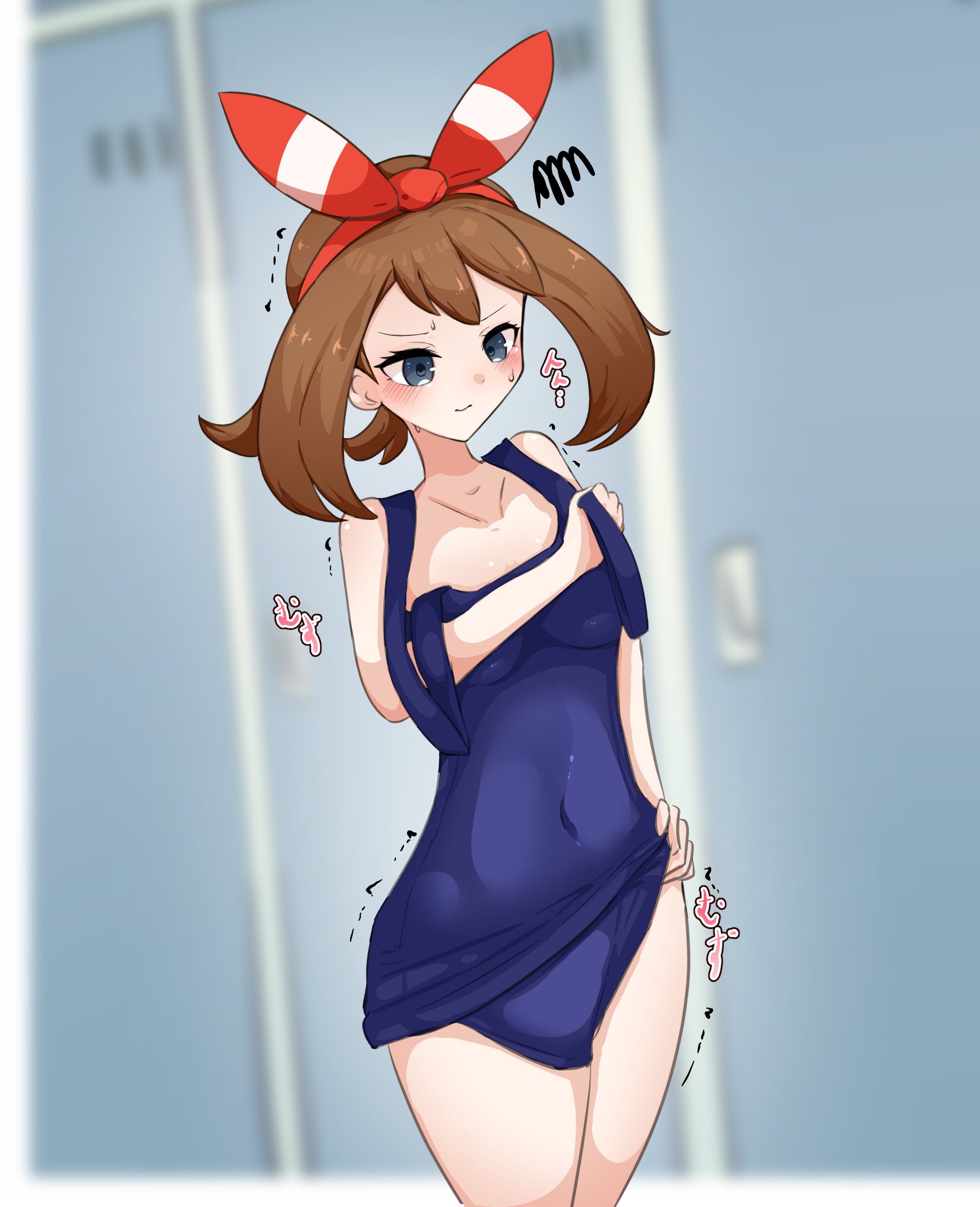 breasts, clothed, female, female only, may (pokemon oras), may (pokemon), nintendo, one-piece swimsuit, oversized clothes, pokemon, sideass, skeletons62, small breasts, swimsuit