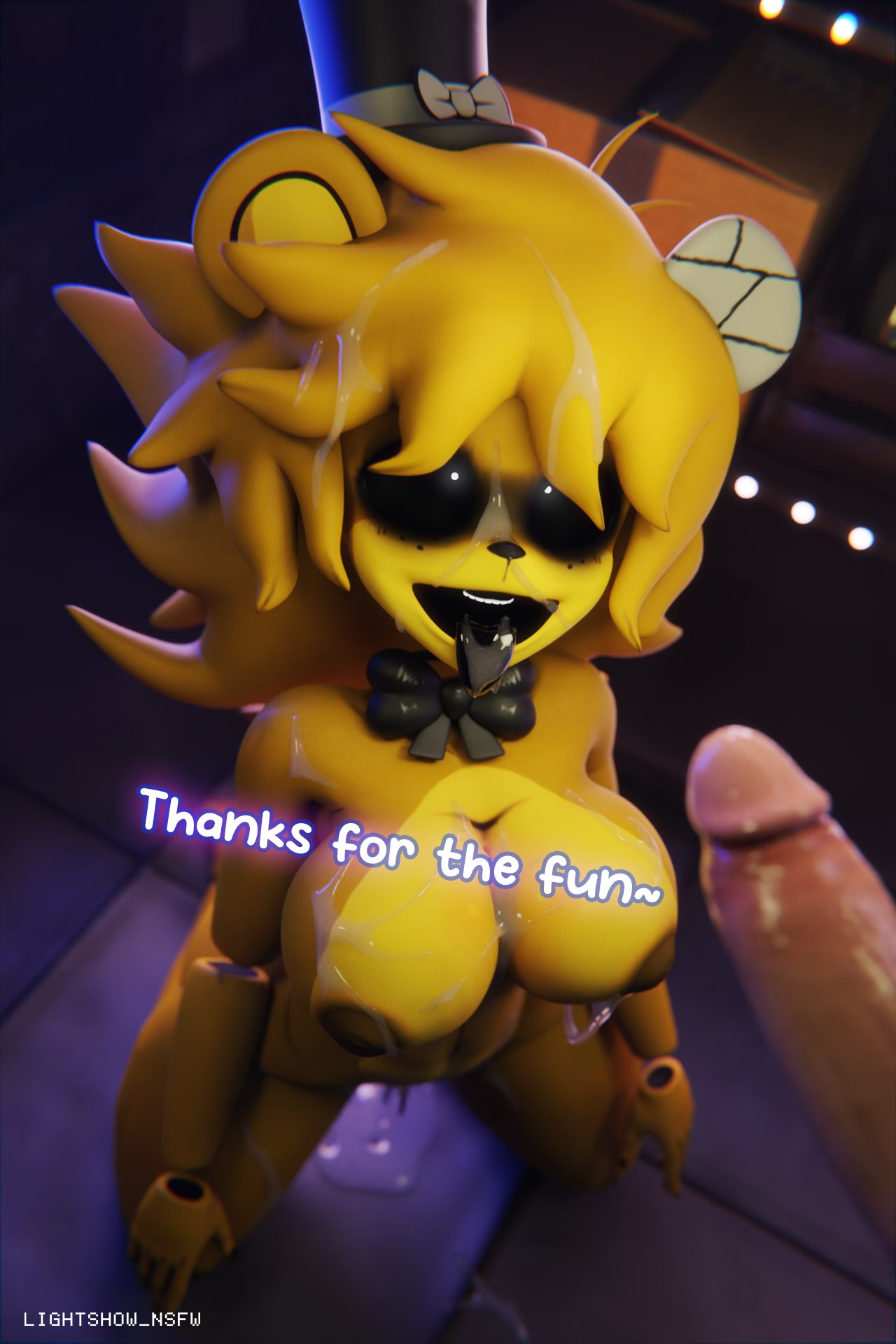 breasts cum cum_on_breasts five_nights_at_freddy's fredina's_nightclub golden_freddy_(fnaf) golden_fredina_(cally3d) lightshow penis tagme text type_0