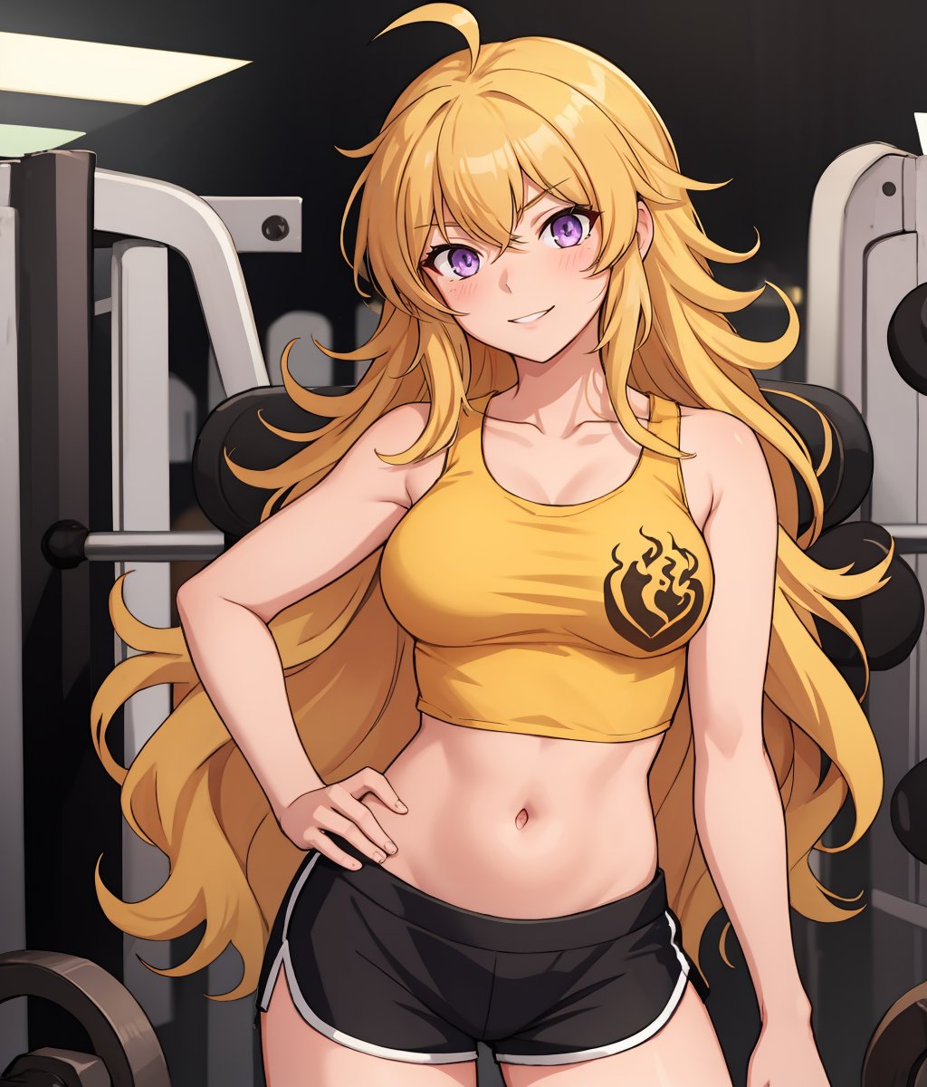 1girls, ai generated, blonde hair, female, female only, leukocrisp, long hair, rwby, shiny hair, shiny skin, tagme, violet eyes, yang xiao long