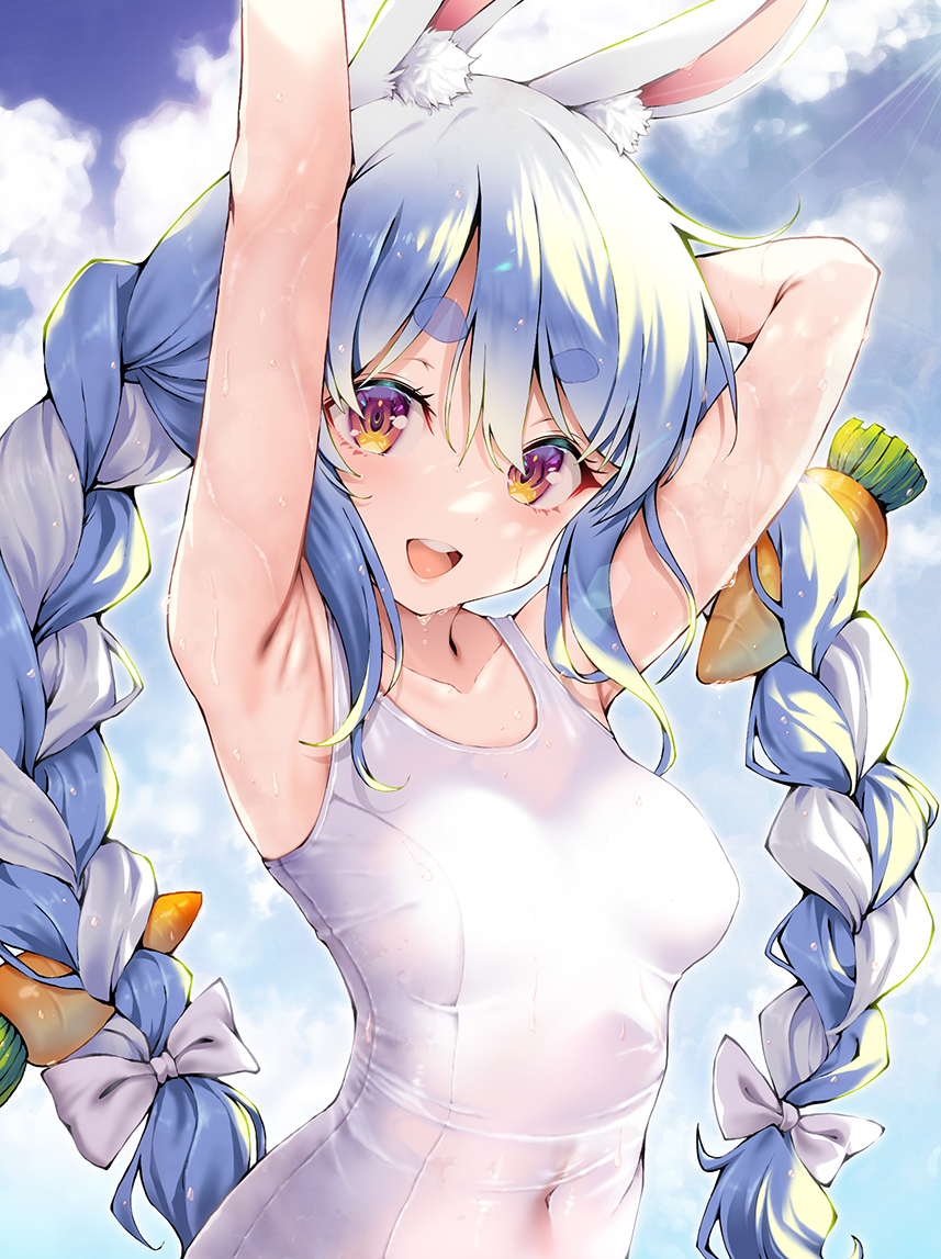 1girls :d animal_ear_fluff animal_ears armpits arms_up bare_shoulders big_eyes blue_hair blue_sky blush braid breasts carrot carrot_hair_ornament casual_one-piece_swimsuit circle_eyebrows covered_navel day female female_only front_view gradient_eyes happy happy_female hololive hololive_fantasy hololive_japan kubota_masaki long_hair looking_at_viewer medium_breasts multicolored_eyes multicolored_hair one-piece_swimsuit open_mouth orange_eyes outdoors petite purple_eyes rabbit_ears round_teeth school_swimsuit sky smile solo sunlight swimsuit tareme teeth thick_eyebrows twin_braids two-tone_hair two_tone_hair upper_body upper_teeth_only usada_pekora vegetable virtual_youtuber wet white_hair white_one-piece_swimsuit