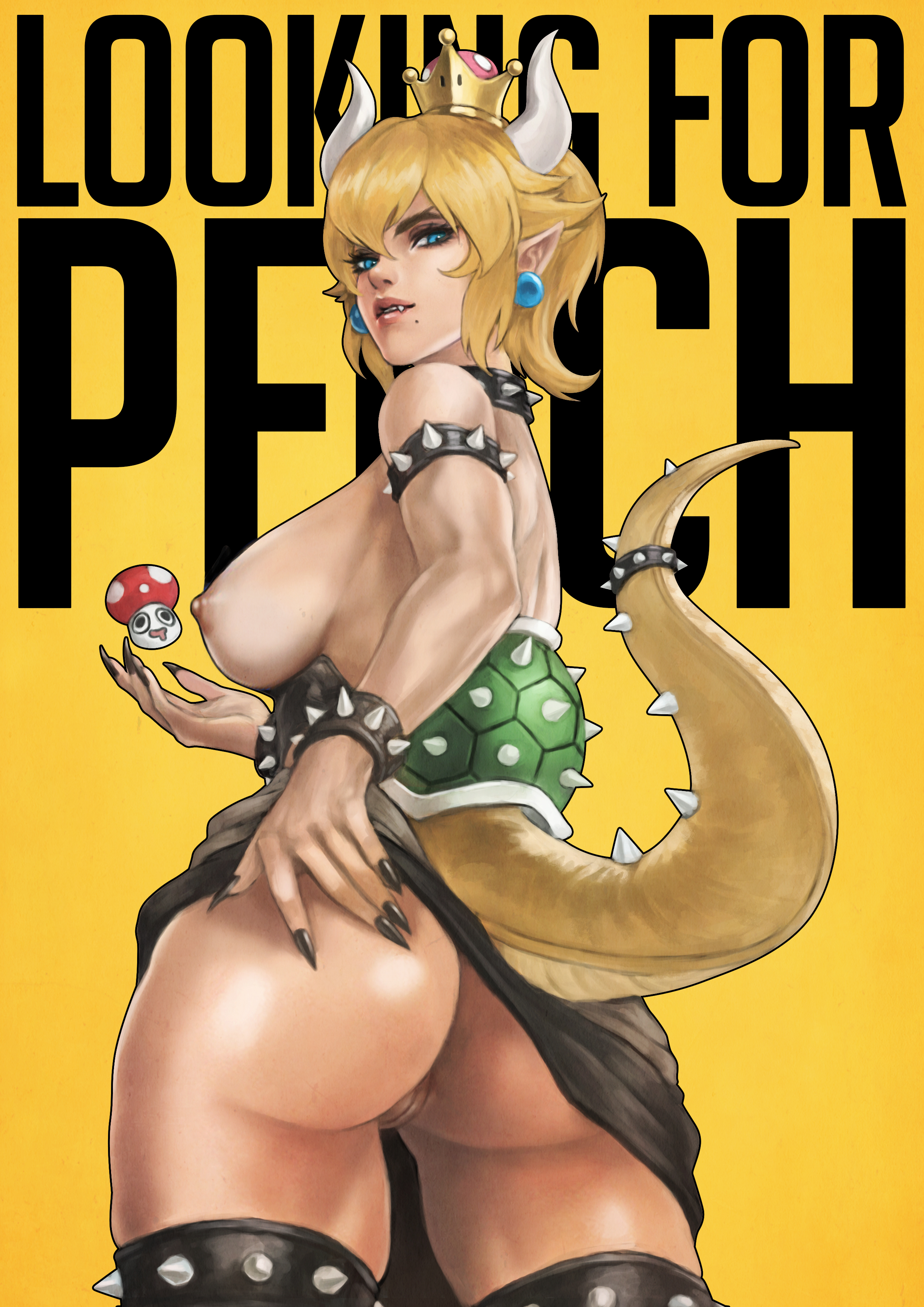 1girls, ass, blonde hair, blue eyes, bottomless, bottomless skirt, bowsette, breasts, breasts out, crown, earrings, fangs, female, female only, jewelry, mario (series), monorirogue, new super mario bros. u deluxe, nintendo, no panties, presenting ass, pussy, solo, spiked armlet, tail