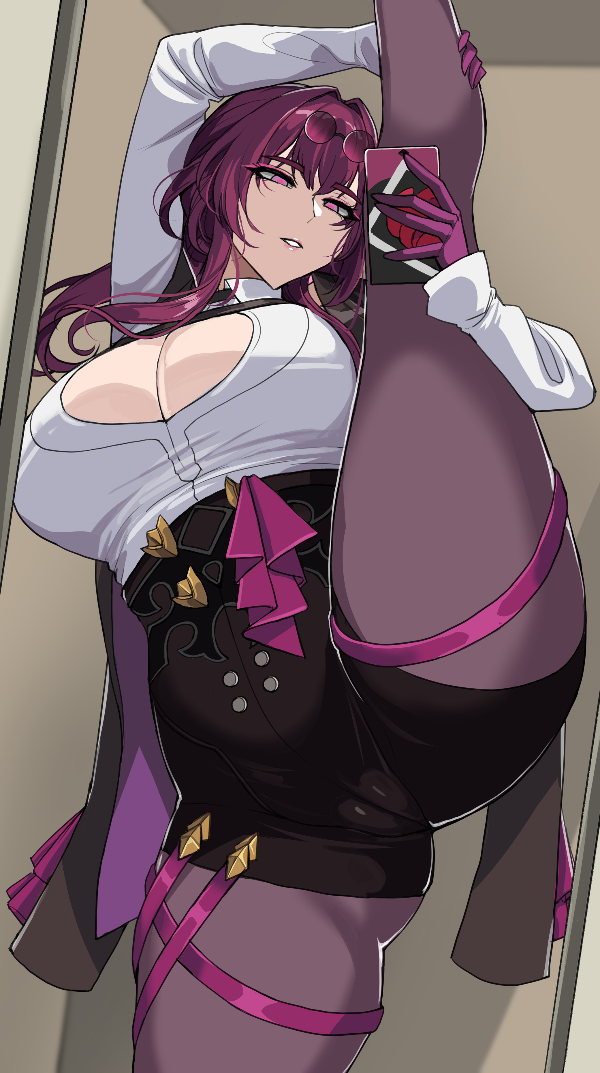 1girls, breasts, drogod (artist), female, hi res, hips, honkai (series), honkai: star rail, huge breasts, indoors, kafka (honkai: star rail), light skin, light-skinned female, long hair, pose, purple eyes, purple hair, standing split, thick thighs, thighs, wide hips
