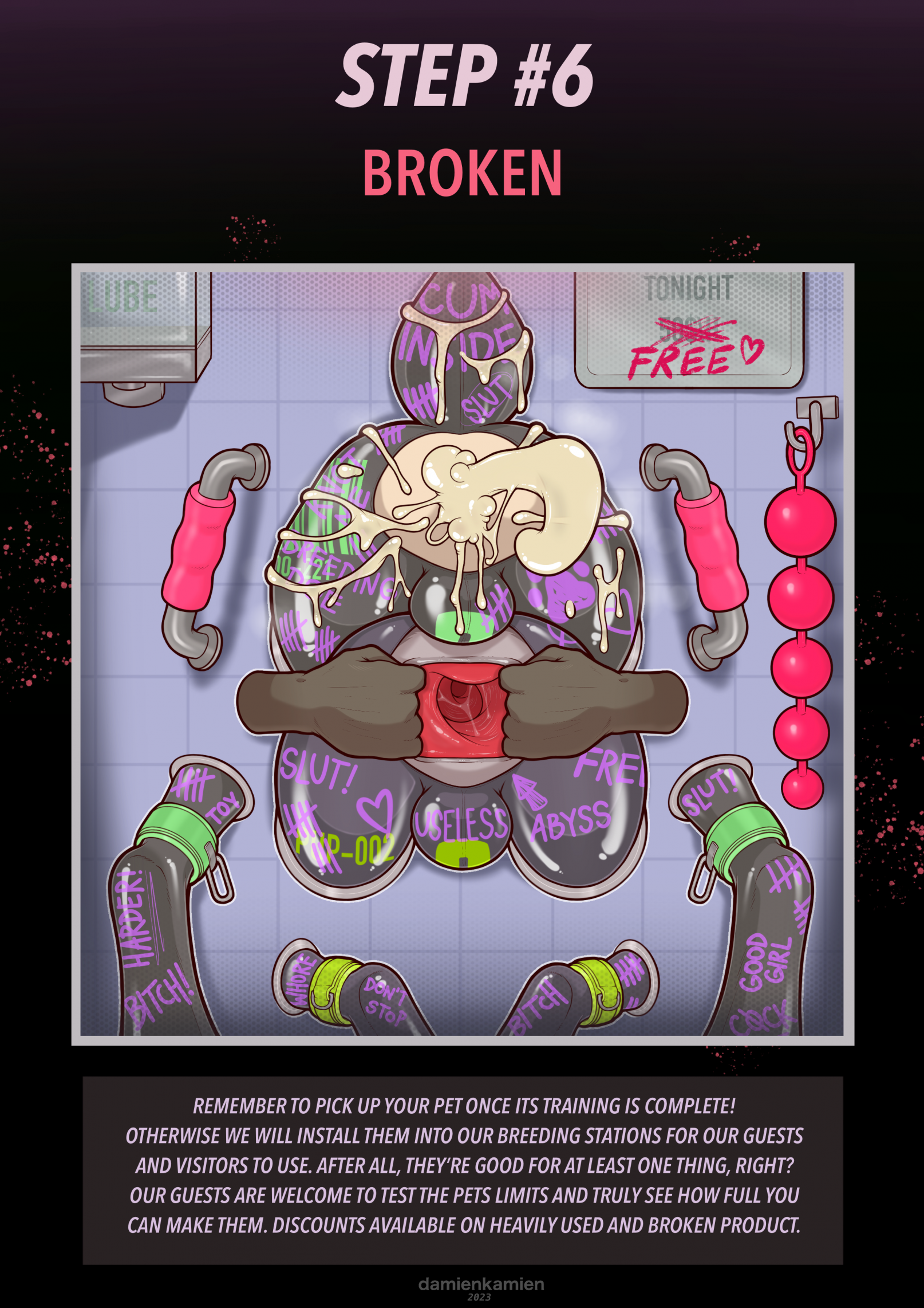 2023, after sex, anal beads, anthro, anus, ass, balls, biped, bodily fluids, body writing, bondage gear, bound, chastity bulge, chastity device, collar, cum, cum expulsion, cum from ass, cum in ass, cum inside, damienkamien, deer, disembodied hand, drone, duo, english text, excessive cum, faceless character, faceless male, gaping, gaping anus, gay, genital fluids, genitals, half-erect, hi res, horn, male, male only, malesub, mammal, max (damienkamien), mephitid, null bulge, penis, public, public use, restraints, scut tail, sex toy, short tail, skunk, submissive male, tail, text, through wall, yaoi