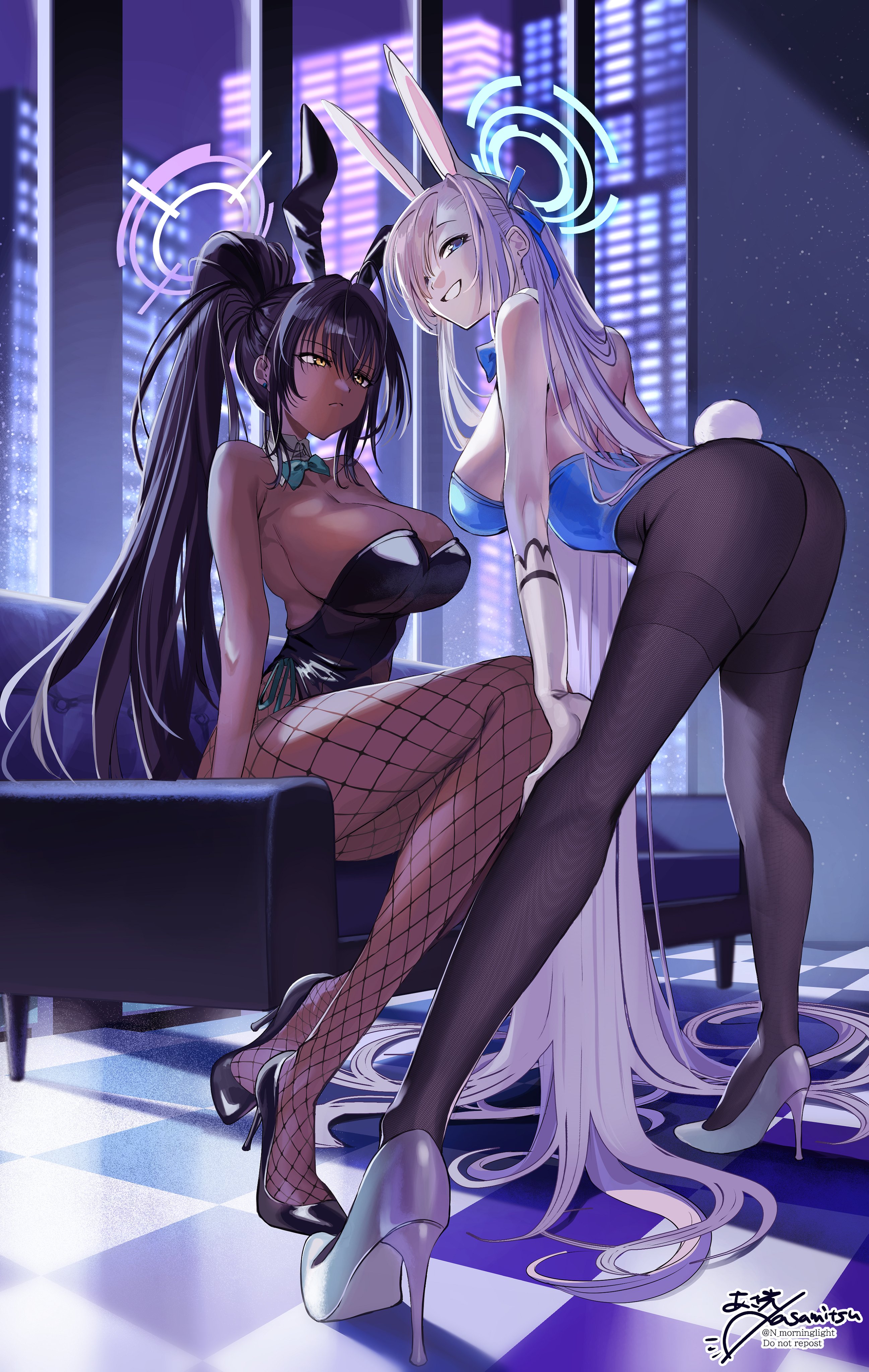 2girls, absurdres, animal ears, asakou (n morninglight), ass, asuna (blue archive), asuna (bunny) (blue archive), bare shoulders, black hair, black leotard, blonde hair, blue archive, blue eyes, blue leotard, blue ribbon, breasts, brown pantyhose, bunny ears, bunnysuit, cleavage, couch, dark skin, dark-skinned female, detached collar, elbow gloves, fake animal ears, fake tail, female, fishnet pantyhose, fishnets, gloves, grin, hair over one eye, hair ribbon, halo, high heels, highleg, highleg leotard, highres, karin (blue archive), karin (bunny) (blue archive), large breasts, leotard, light brown hair, long hair, looking at viewer, millennium science school student, multiple females, multiple girls, pantyhose, playboy bunny, ponytail, rabbit ears, rabbit tail, ribbon, sidelocks, sitting, smile, tail, thighband pantyhose, very long hair, white gloves, yellow eyes